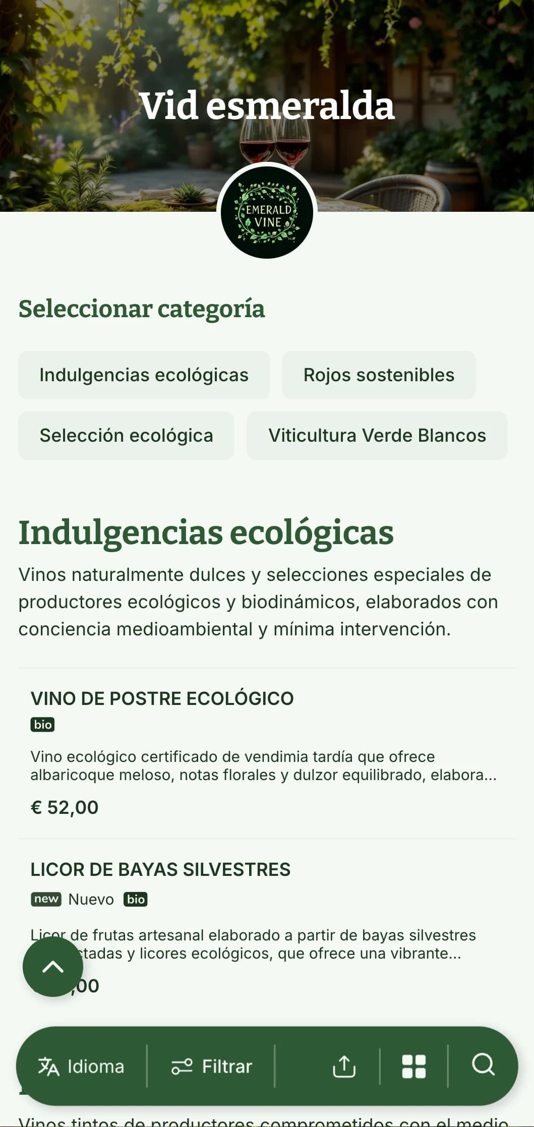 Exuberante plantilla de carta de vinos de temática verde con elementos botánicos y texturas naturales, perfecta para selecciones de vinos ecológicos y restaurantes con jardín.