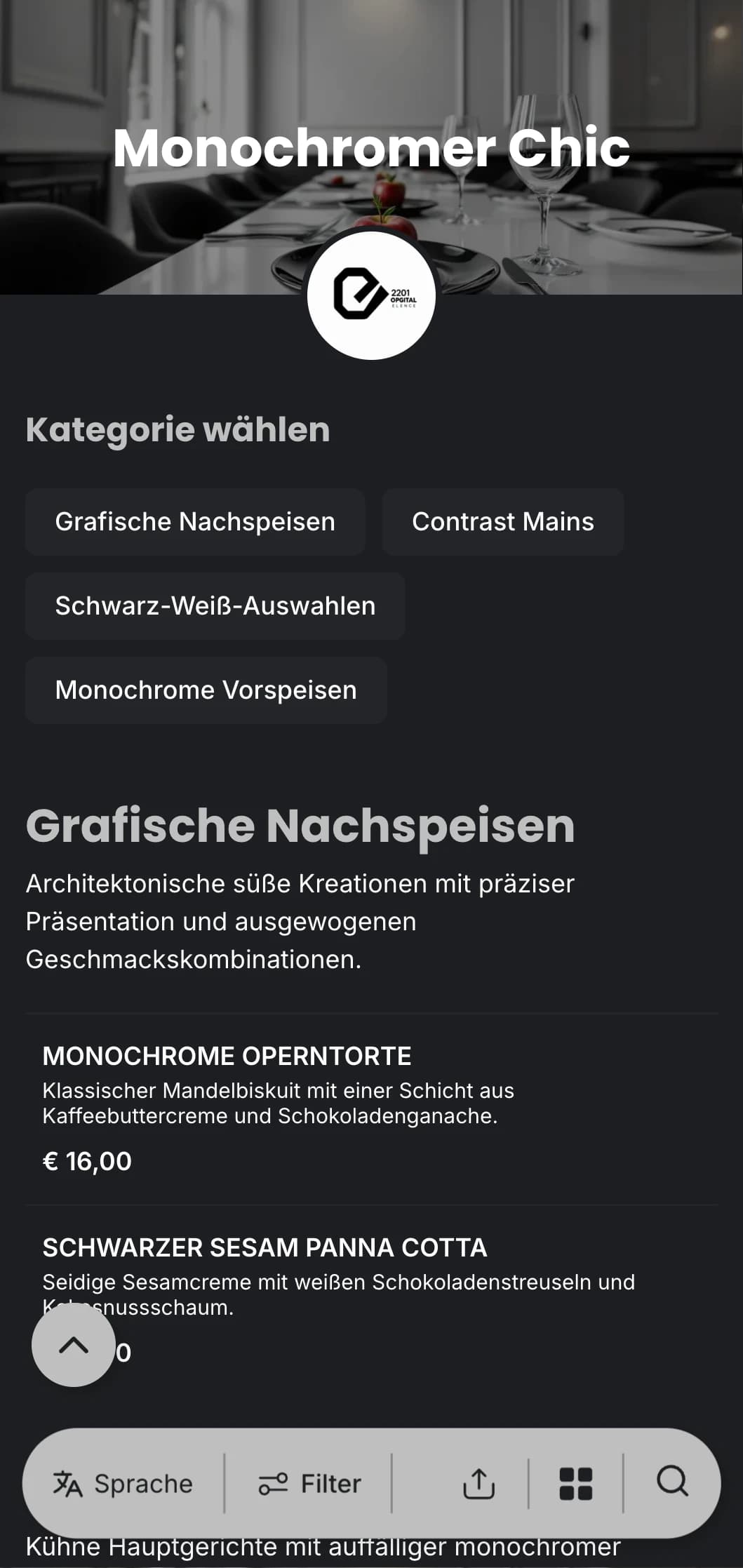 Eine raffinierte schwarz-weiße Speisekarte mit kühner Typografie und klaren Linien, die für die zeitgenössische gehobene Küche entworfen wurde.