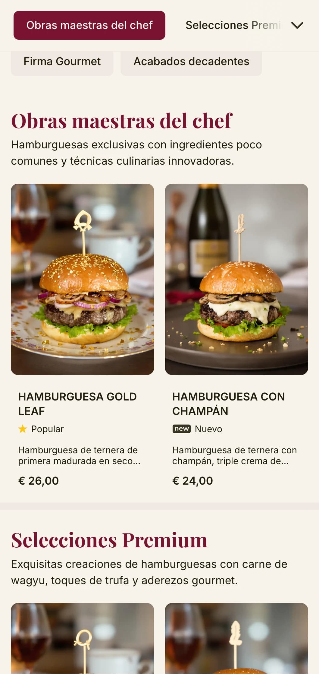 Hamburguesas de alto nivel con tipografía de primera calidad y una rica paleta de colores para disfrutar de una experiencia hamburguesera de lujo.