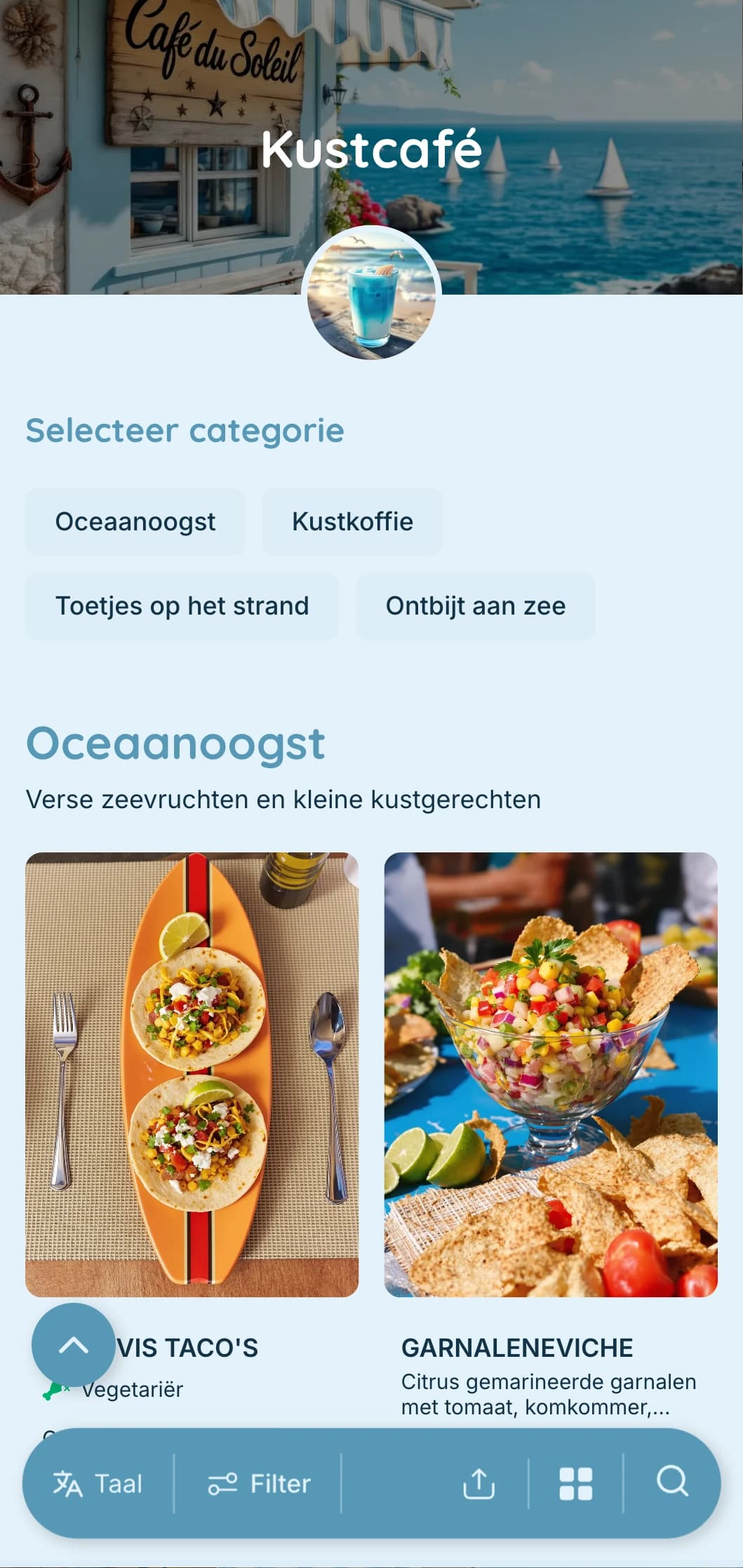 Luchtig blauw ontwerp met kustelementen voor cafés aan zee en koffietentjes aan het strand.
