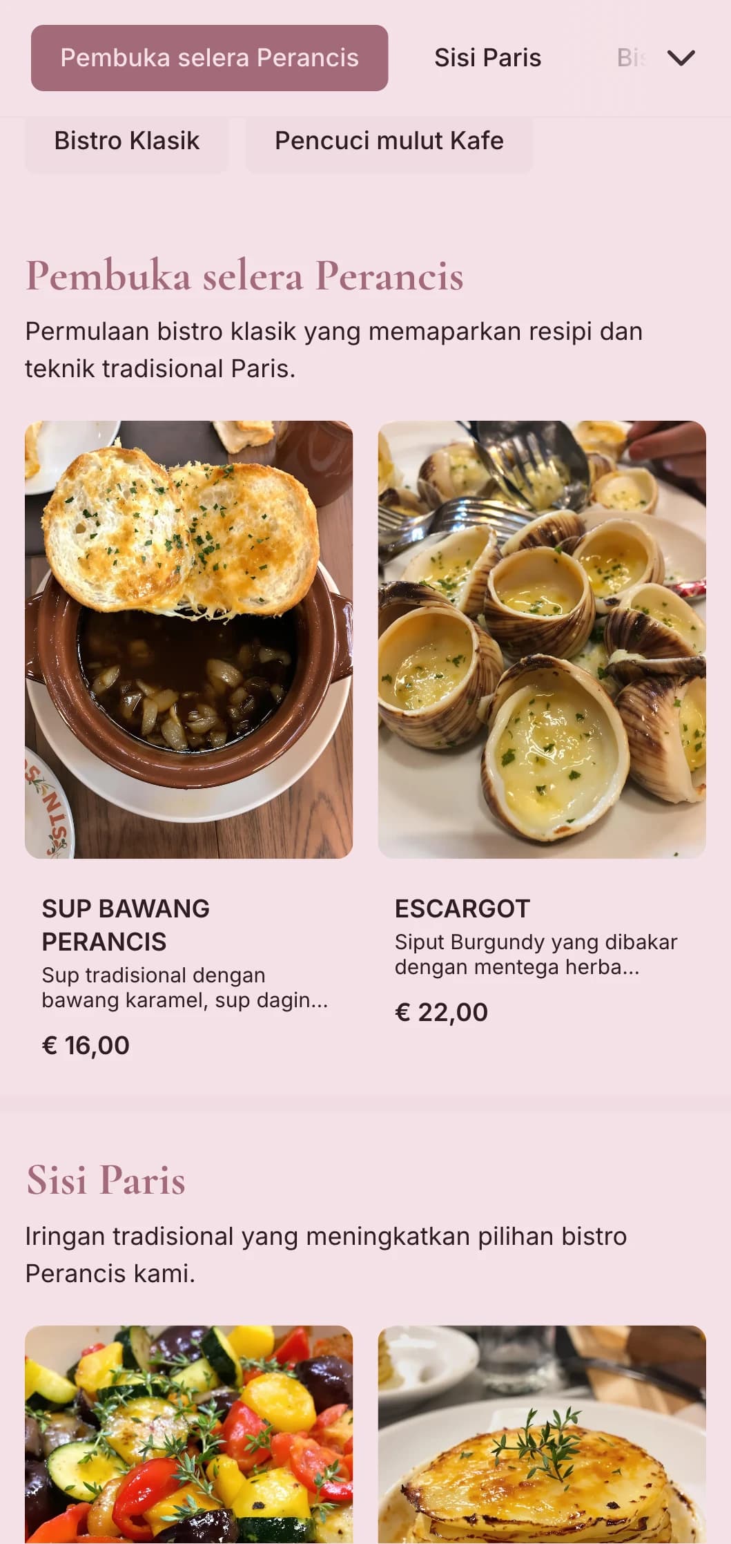Katering klasik berinspirasikan Perancis yang menampilkan kegemaran bistro, teknik halus dan persembahan yang elegan namun mudah didekati untuk acara yang canggih.