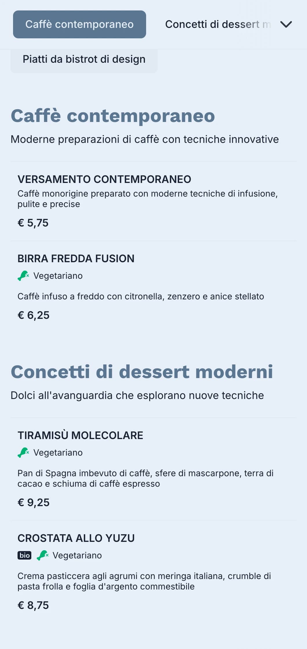 Design pulito e contemporaneo con accenti verde acqua per bistrot moderni e caffè fusion.