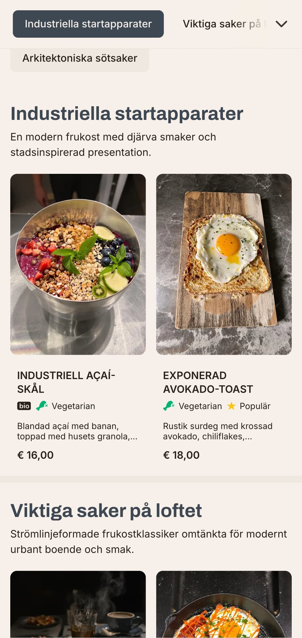 Industriinspirerade morgonalternativ med oväntade ingredienser och modern uppläggning för urbana äventyrare.