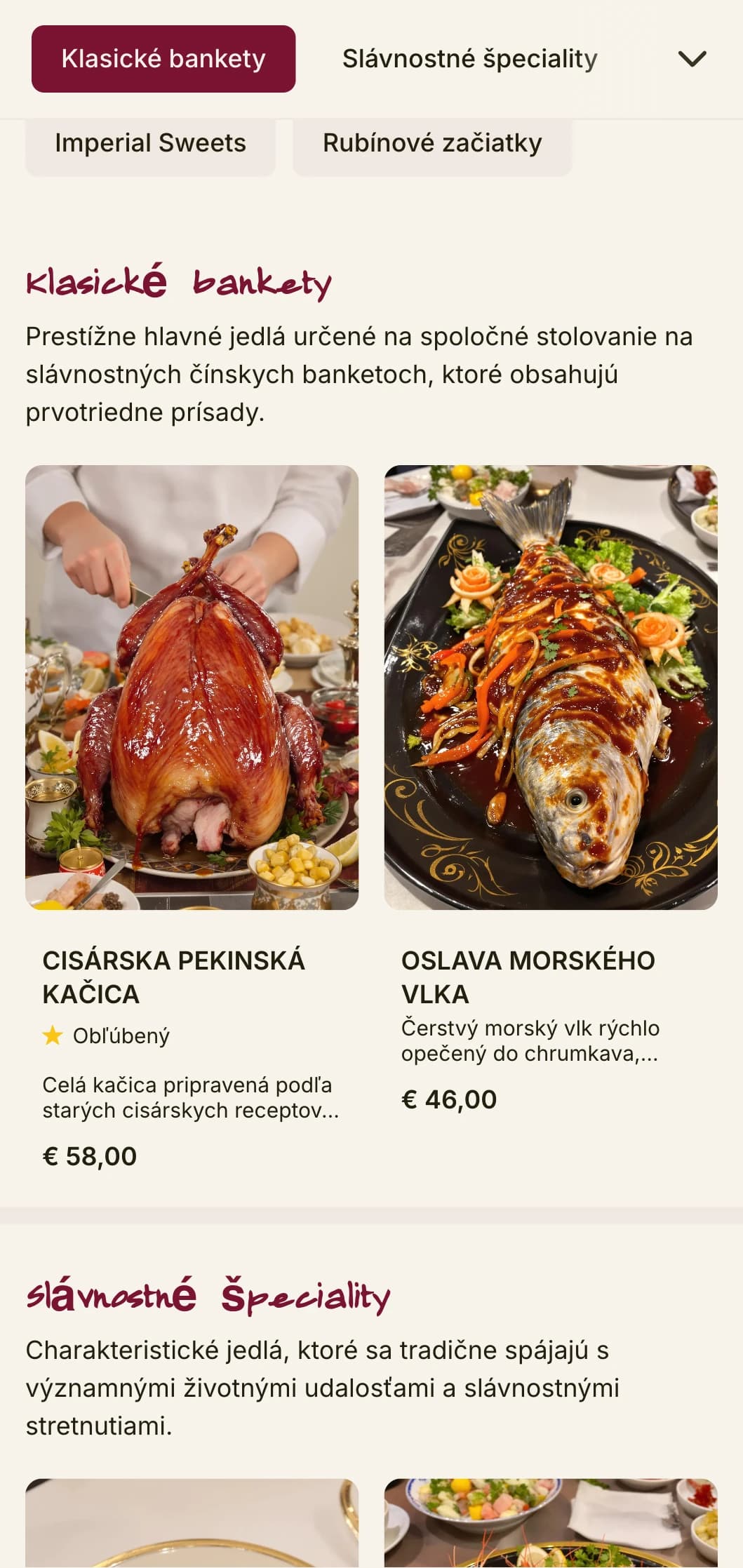 Luxusný dizajn čínskeho menu inšpirovaný cisárskymi banketmi s rubínovými akcentmi pre slávnostnú a oslavnú kuchyňu.