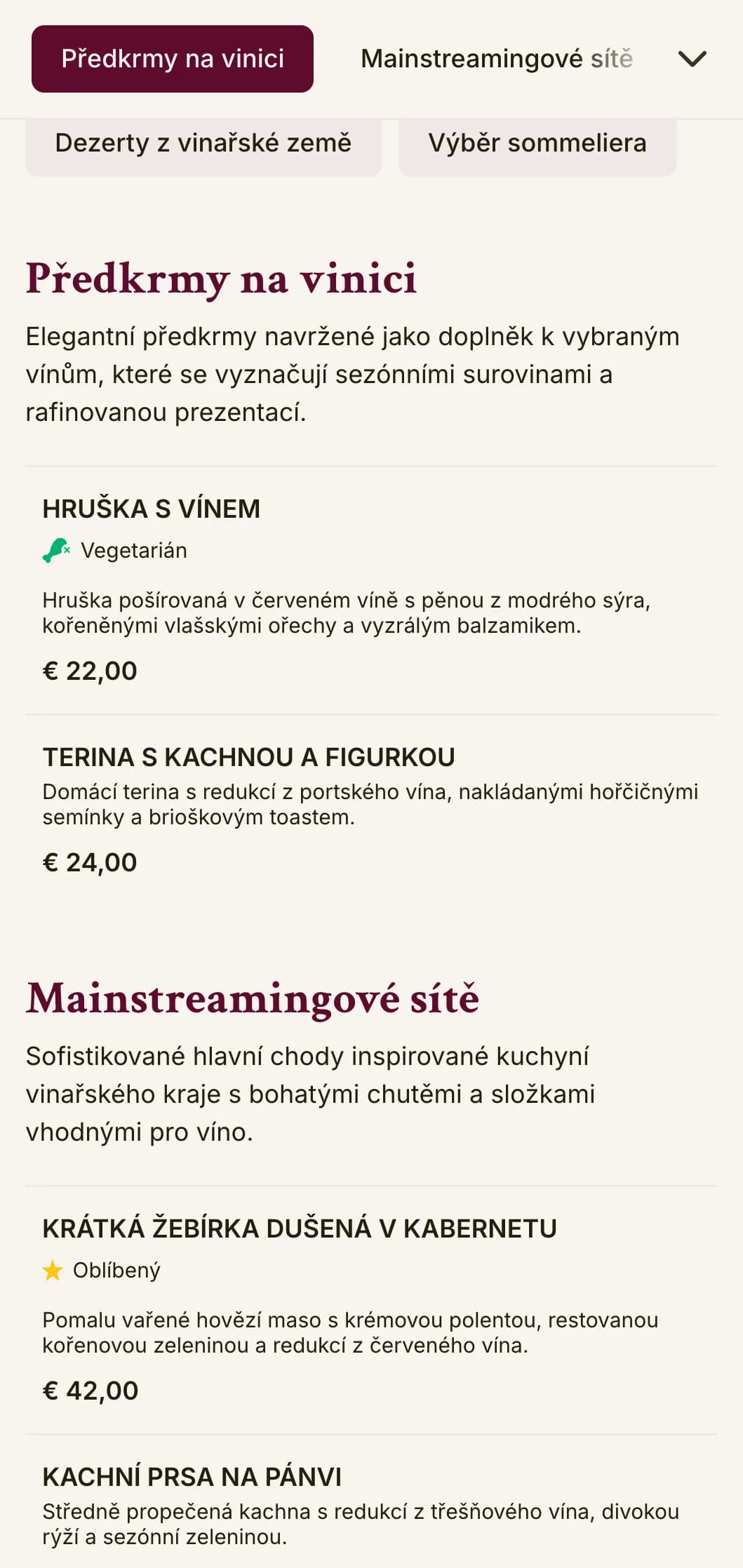 Sofistikované menu k večeři v barvách inspirovaných vínem a s elegantní typografií, určené pro podniky s rozsáhlým vinným programem.