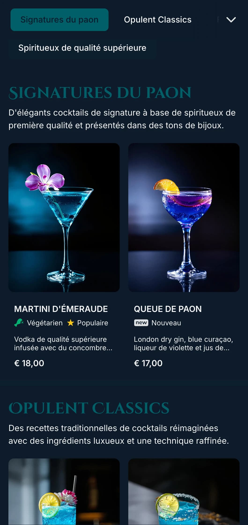 Un design luxueux, aux tons de joyaux, pour les salons de cocktail haut de gamme, avec des accents de bleu paon et d'émeraude et une typographie élégante.