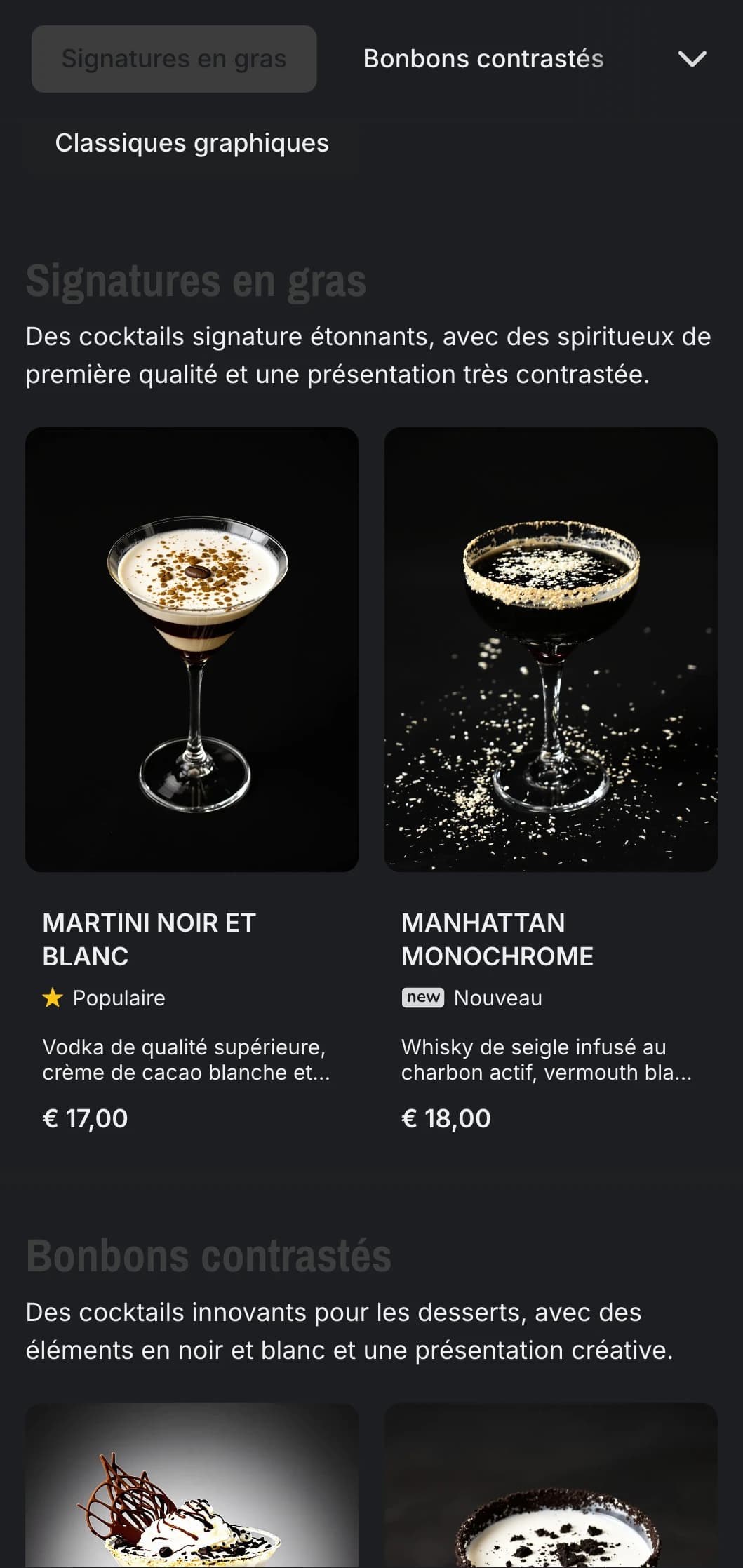 Un design épuré, en noir et blanc, pour les bars à cocktails contemporains, avec un fort contraste et une typographie minimaliste.