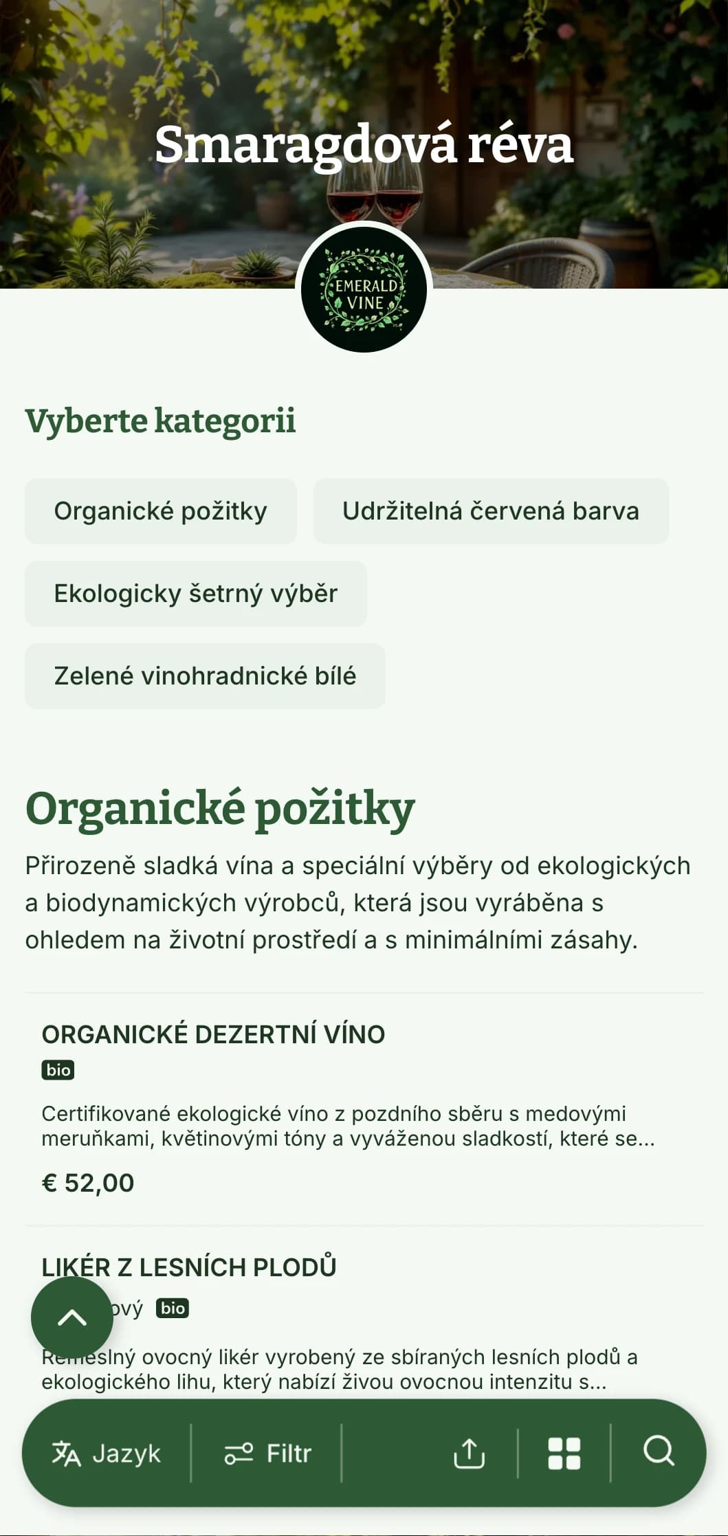 Svěží šablona vinného lístku se zelenou tématikou, botanickými prvky a přírodními texturami, ideální pro výběr organických vín a zahradní restaurace.