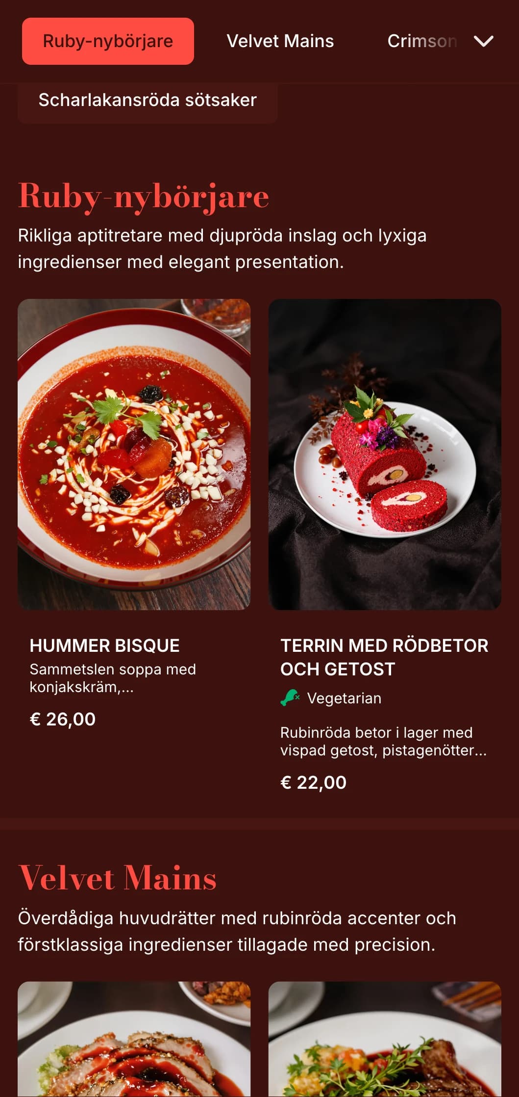En rik, rubinröd middagsmeny med fylliga texturer och dramatiska inslag, utformad för romantiska middagar.