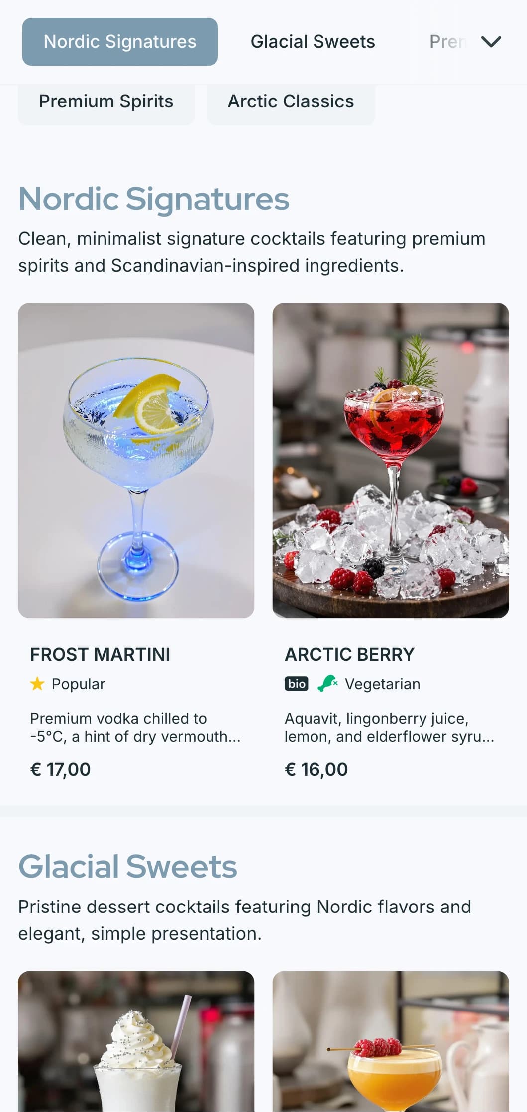 A clean, Scandinavian-inspired design for contemporary bars and lounges featuring minimalist typography and cool blue tones.