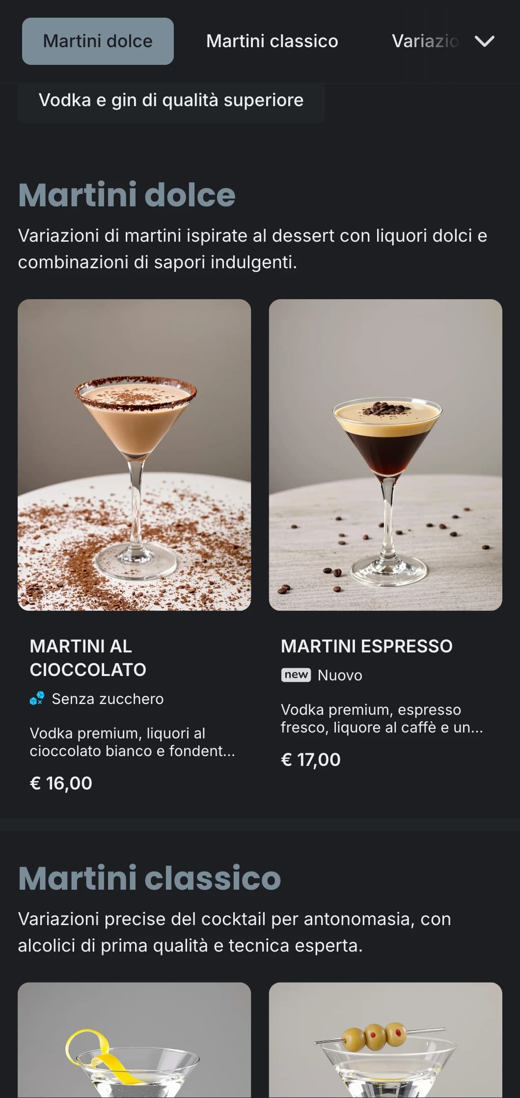 Un design di menu sofisticato e urbano per martini bar e lounge con una tipografia elegante e toni grigi freddi.
