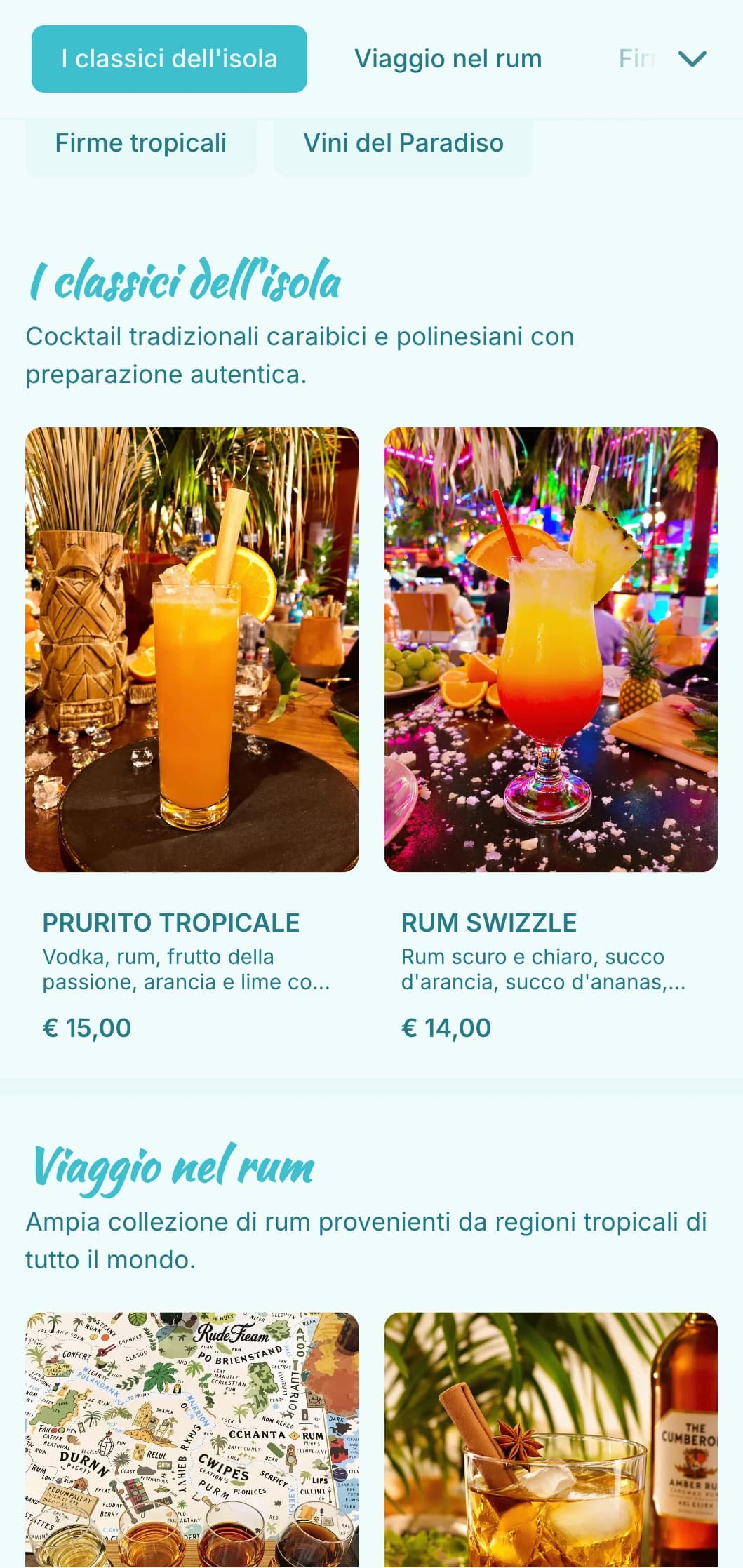 Design turchese brillante con elementi tropicali per tiki e rum bar.