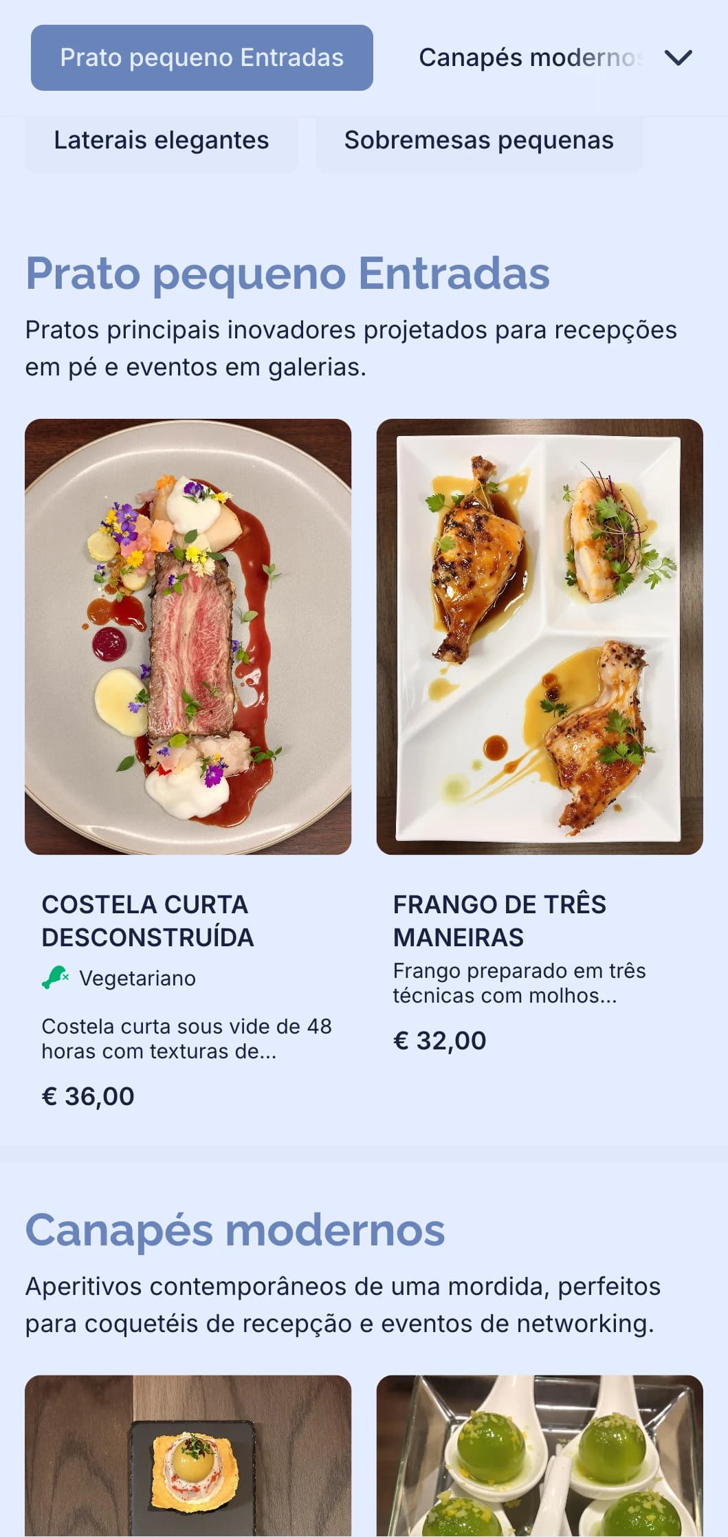 Serviço de bufê moderno e elegante para eventos com coquetéis, com canapés inovadores, pequenos lanches e apresentações contemporâneas para eventos de networking e inaugurações de galerias.
