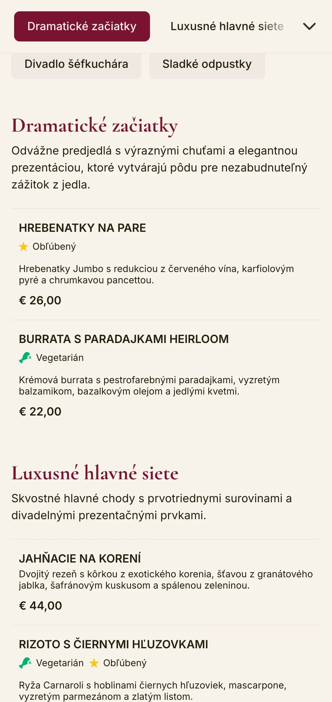 Odvážne a dramatické večerné menu s tmavočervenými tónmi a luxusnými prvkami je určené pre luxusné jedálne s divadelným nádychom.