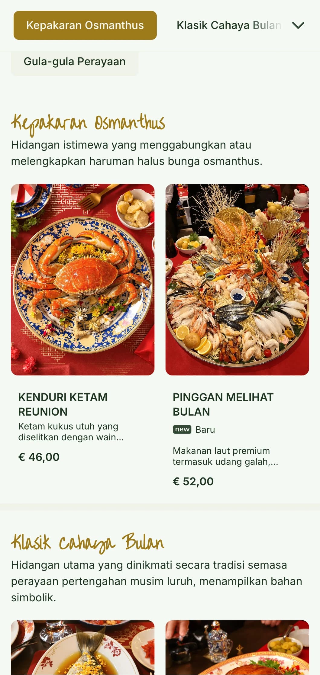 Reka bentuk menu Cina tenang yang diilhamkan oleh bunga osmanthus dan tradisi perayaan bulan, dengan unsur botani.