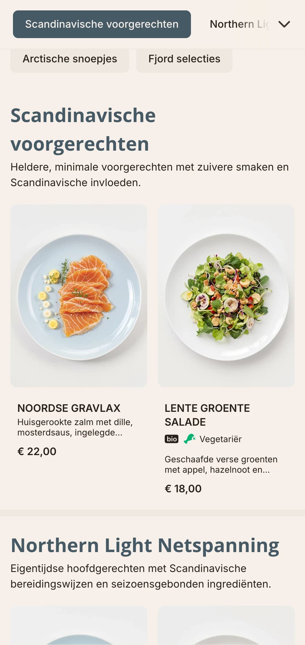 Een helder, schoon dinermenu met Scandinavische invloeden en lichtblauwe accenten, perfect voor een Scandinavisch geïnspireerde keuken.