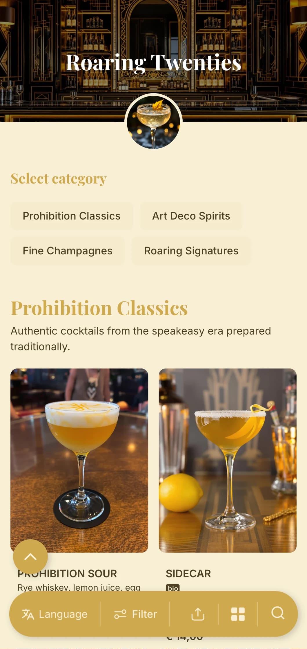 Gold and black design inspired by 1920s glamour for upscale cocktail bars.