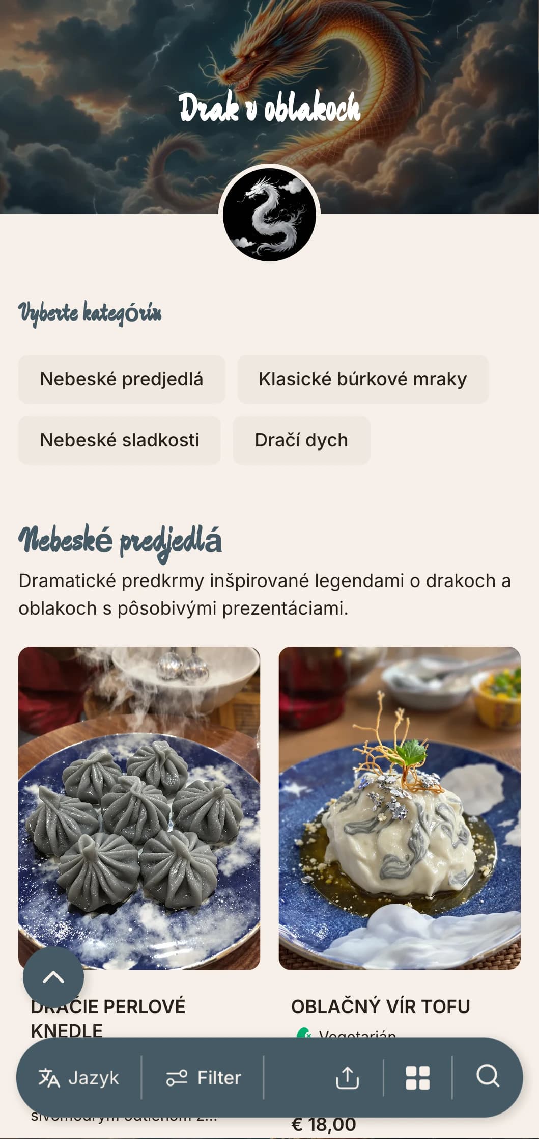 Dramatický dizajn čínskeho jedálneho lístka s motívmi oblakov a drakov s výraznými prvkami autentickej cisárskej kuchyne.