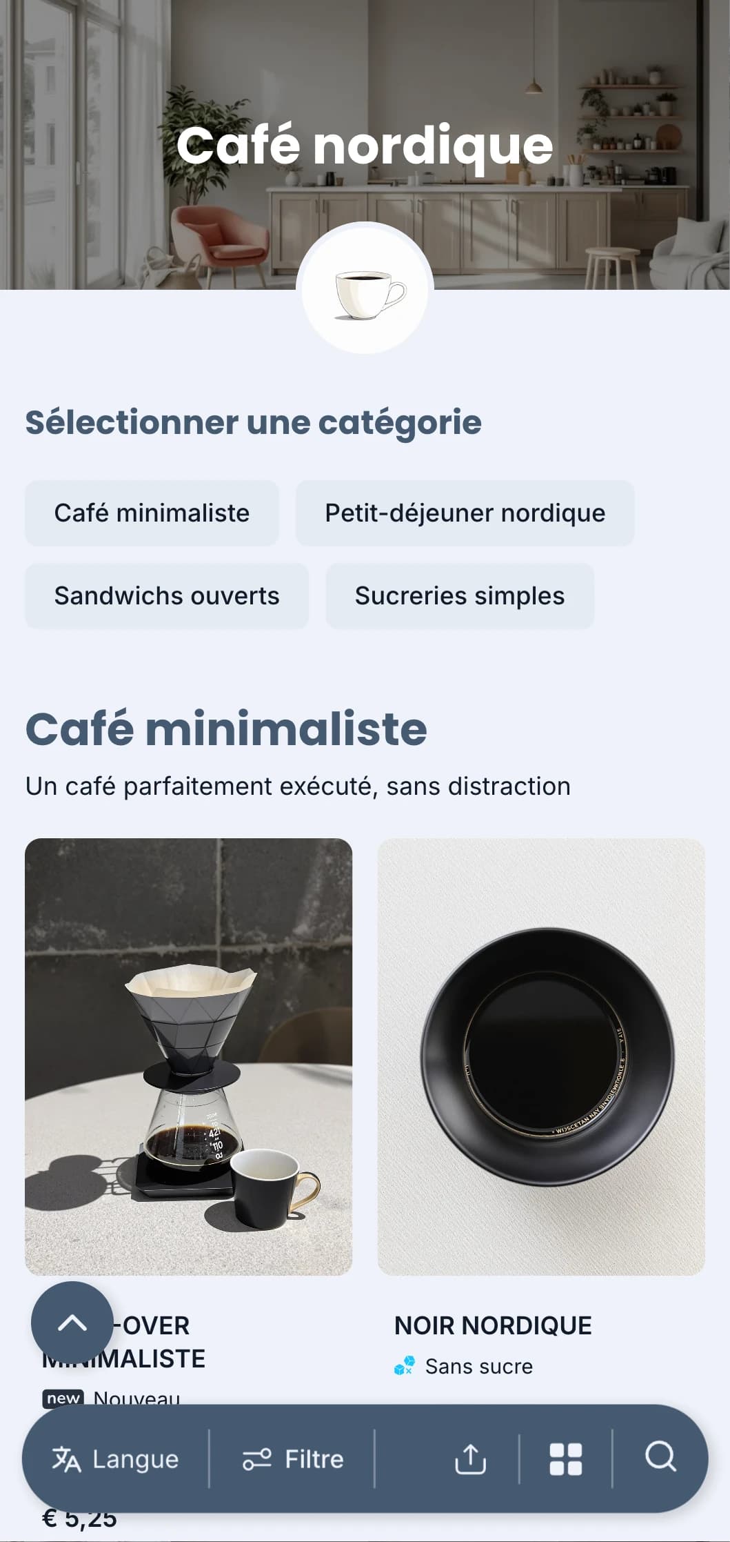 Design épuré d'inspiration scandinave avec des tons bleus froids pour les cafés modernes et minimalistes.