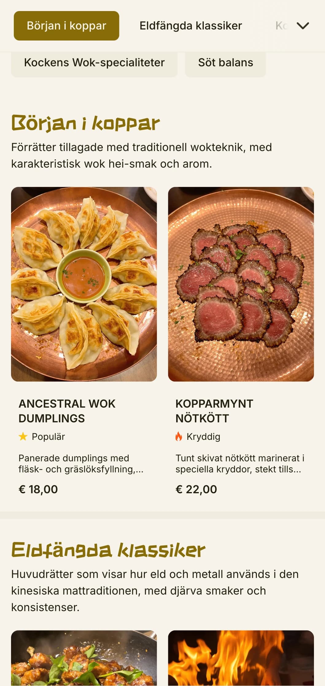 Varm kinesisk menydesign inspirerad av traditionell wokmatlagning, med kopparaccenter och autentiska kulinariska element.