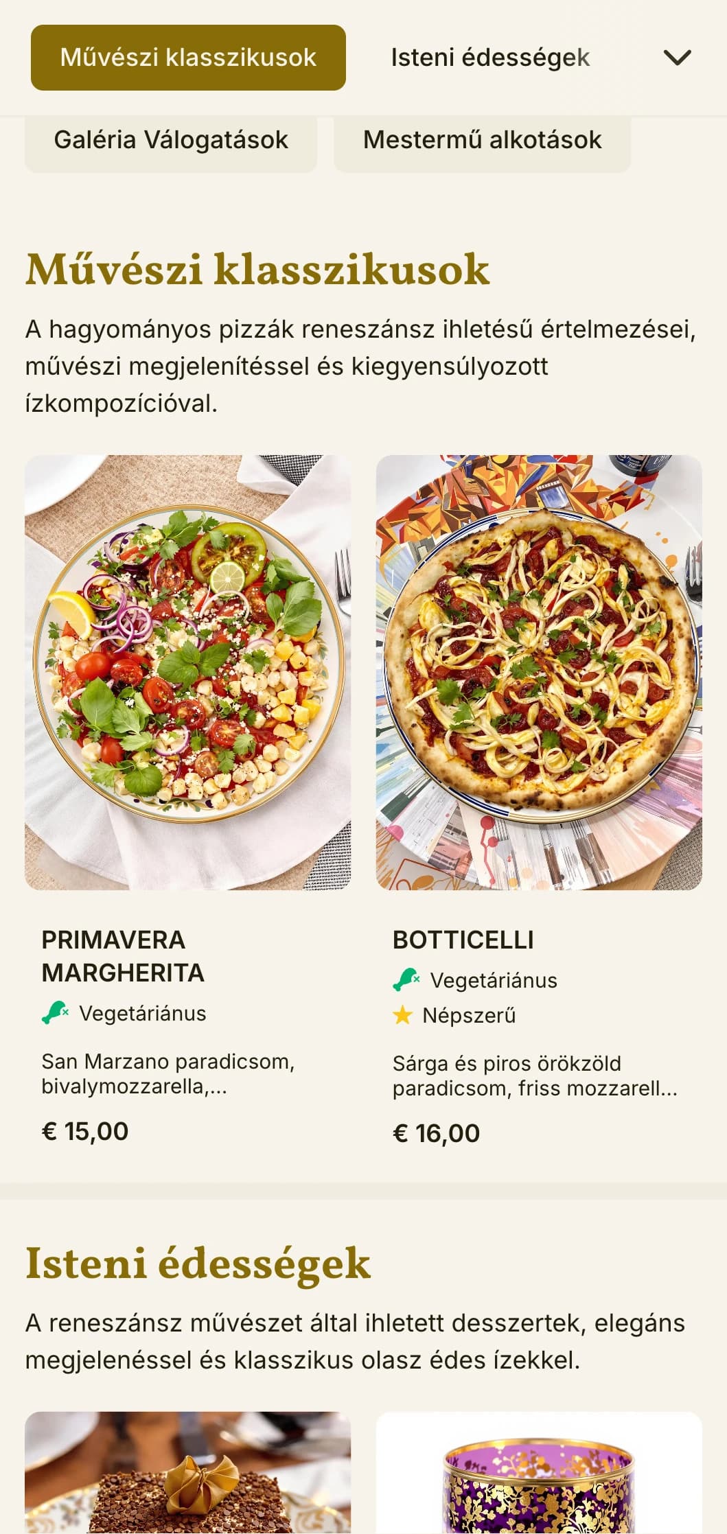 Művészi pizzamenü, amelyet az olasz reneszánsz ihletett, gazdag vizuális elemekkel.