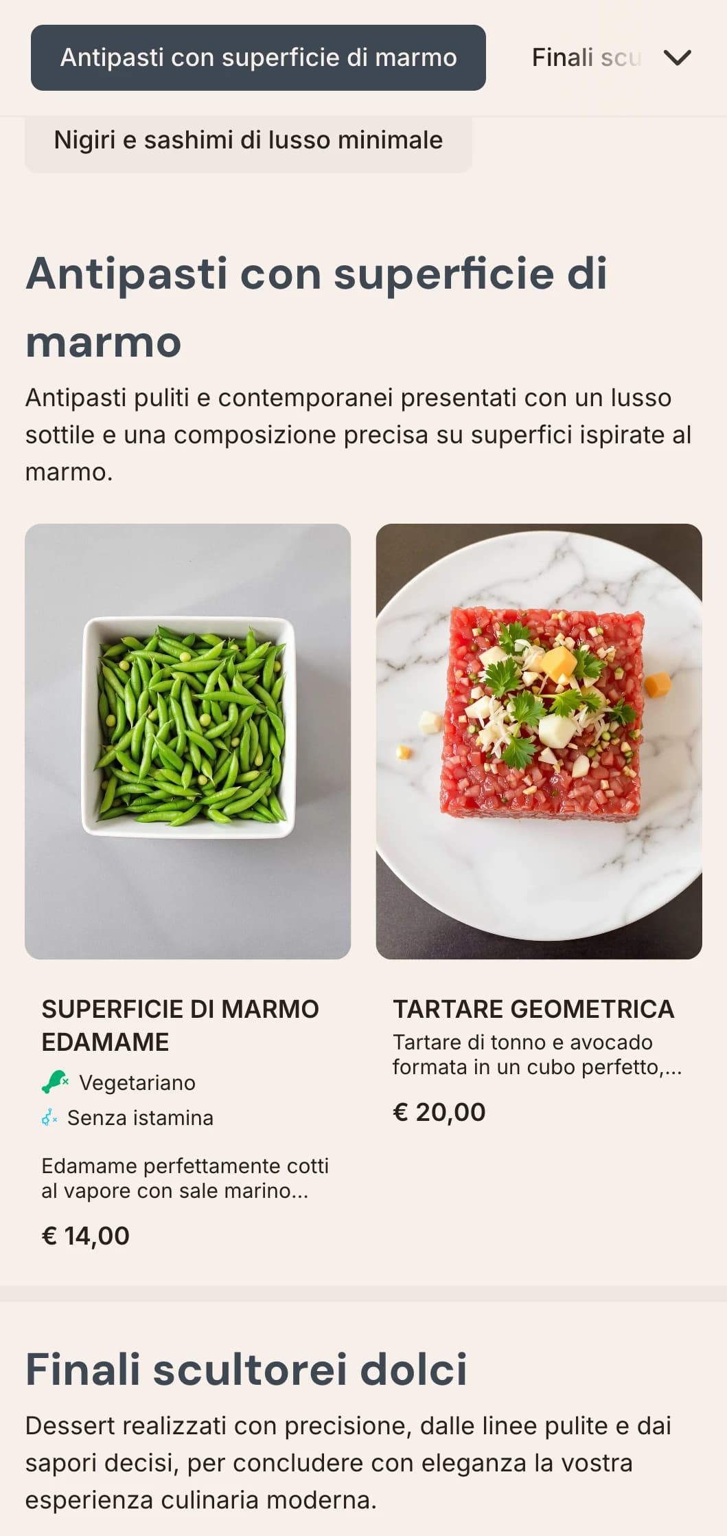 Lussuoso menu di sushi contemporaneo caratterizzato da sottili texture di marmo e da un design pulito e minimalista.