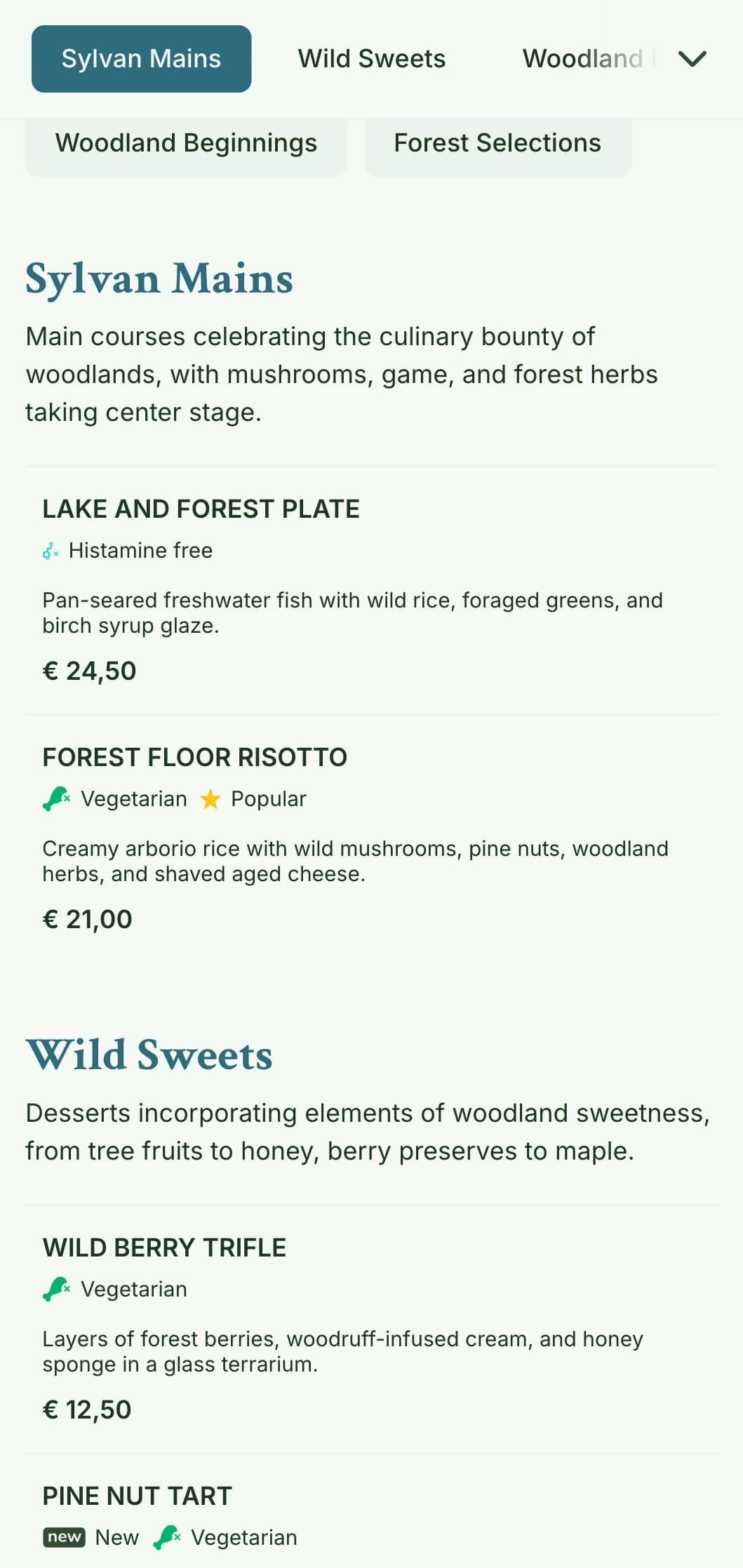 Serene, woodland-inspired lunch menu design with organic textures and earth tones, perfect for restaurants near natural settings and parks.