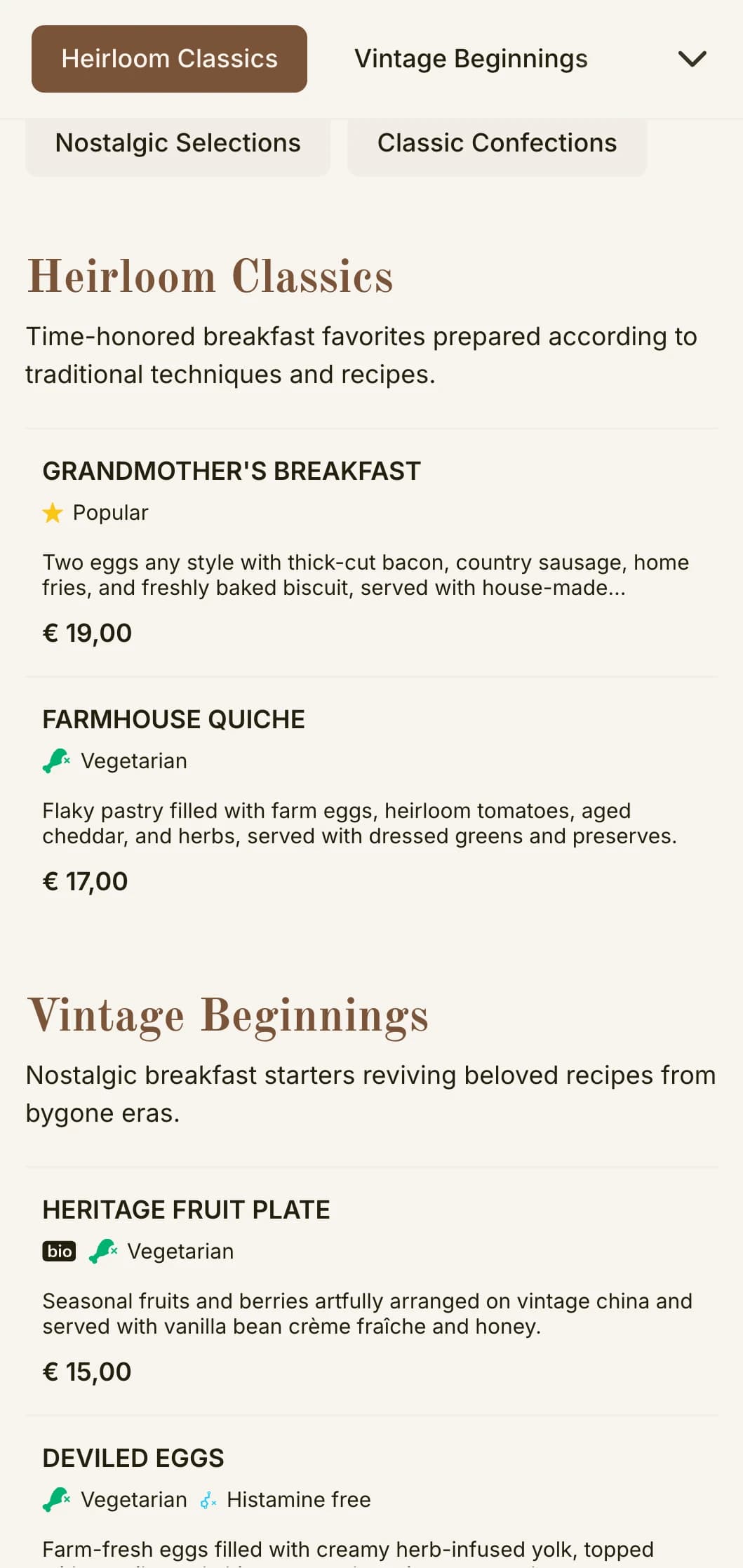 Nostalgic morning offerings inspired by beloved recipes from the past, presented with timeless elegance.