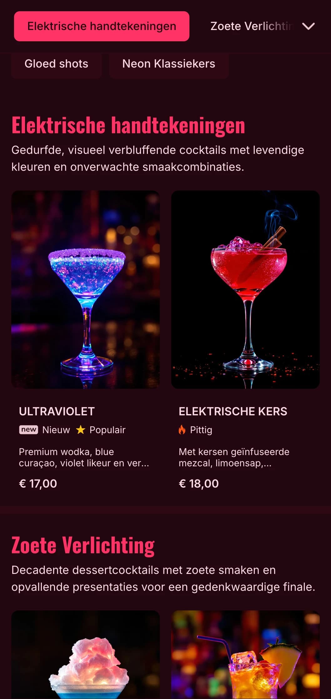 Een gedurfd, levendig menuontwerp geïnspireerd op het neon nachtleven, perfect voor hedendaagse cocktailbars en nachtclubs.