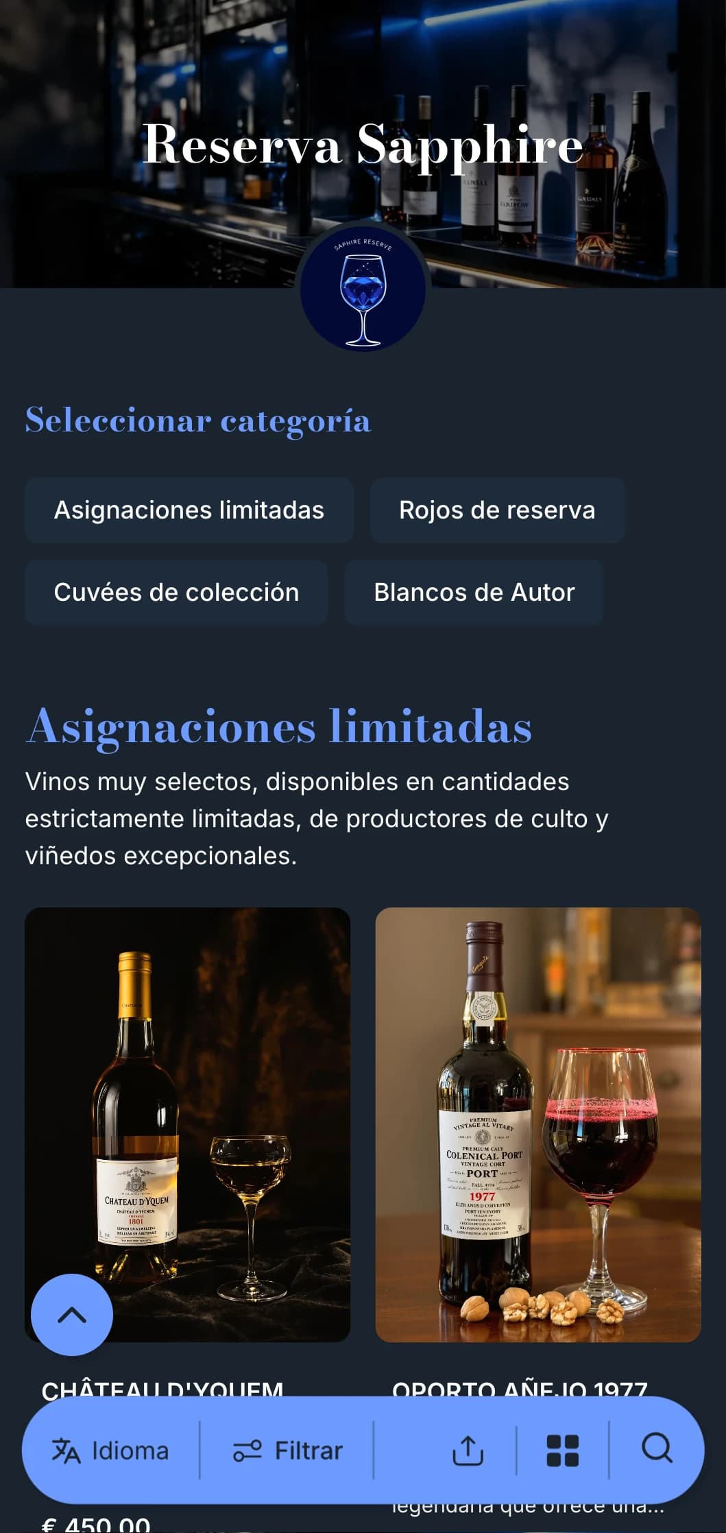 Plantilla de carta de vinos profundamente sofisticada con llamativos acentos azules sobre fondos azul marino, ideal para vinotecas y establecimientos nocturnos de primera categoría.