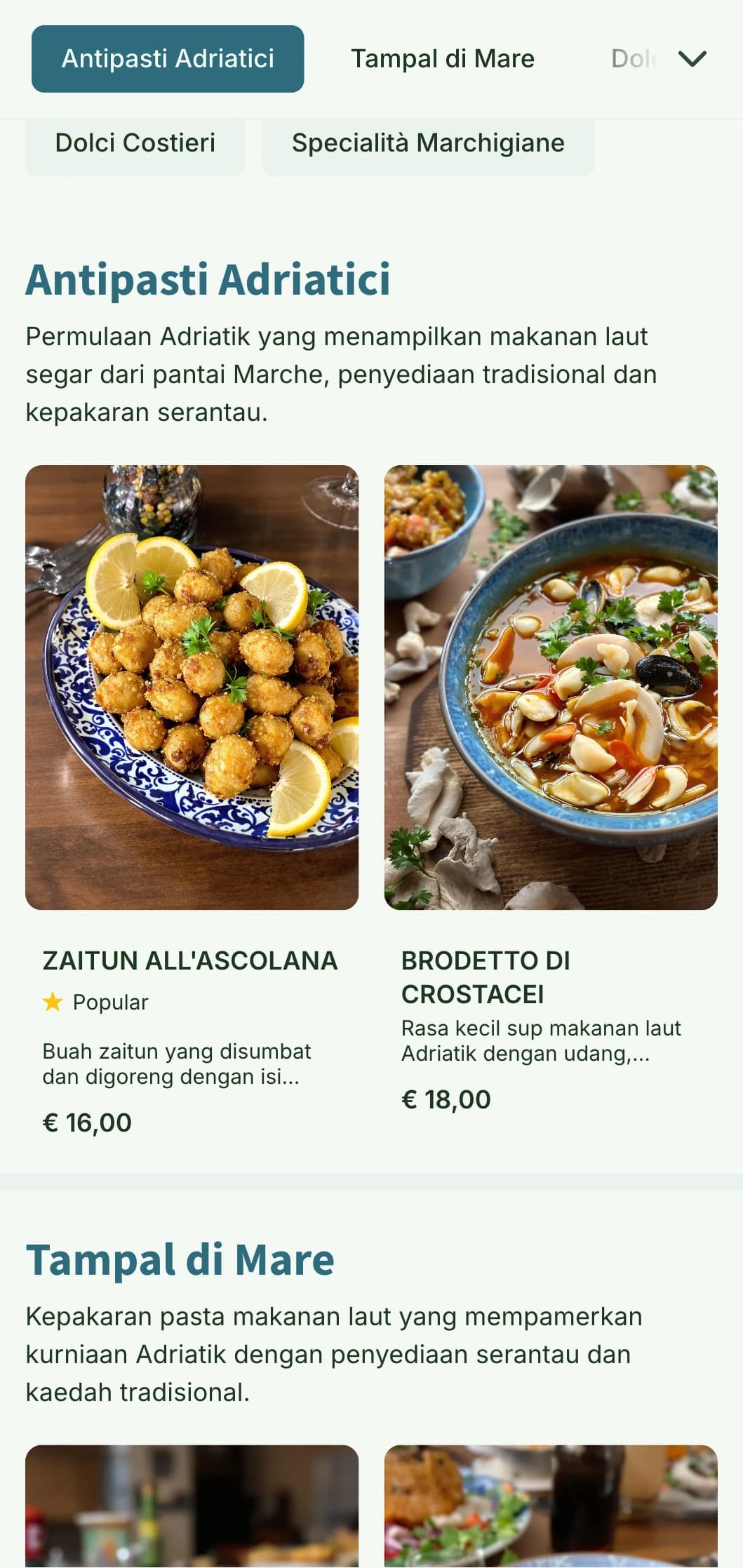 Reka bentuk berinspirasikan pantai yang meraikan tradisi makanan laut Adriatik di wilayah Marche.