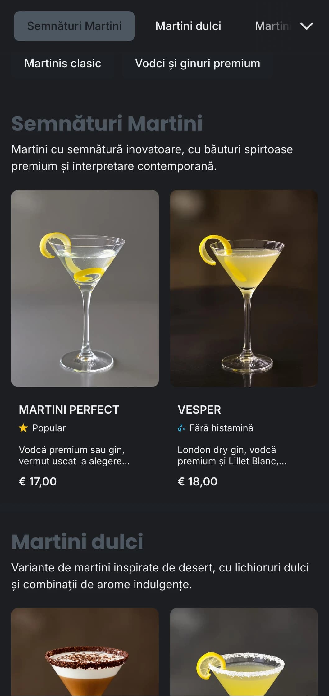 Un design elegant, metropolitan pentru barurile urbane de martini, cu tonuri reci de gri și tipografie curată.