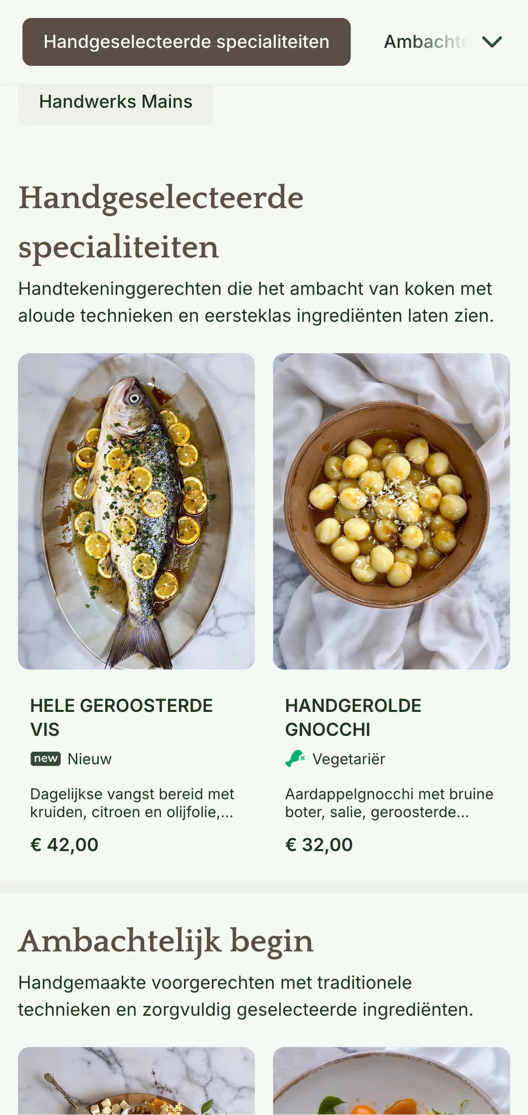 Een warm, ambachtelijk dinermenu met ambachtelijke designelementen en aardetinten, perfect voor restaurants die zich richten op ambachtelijke gerechten.