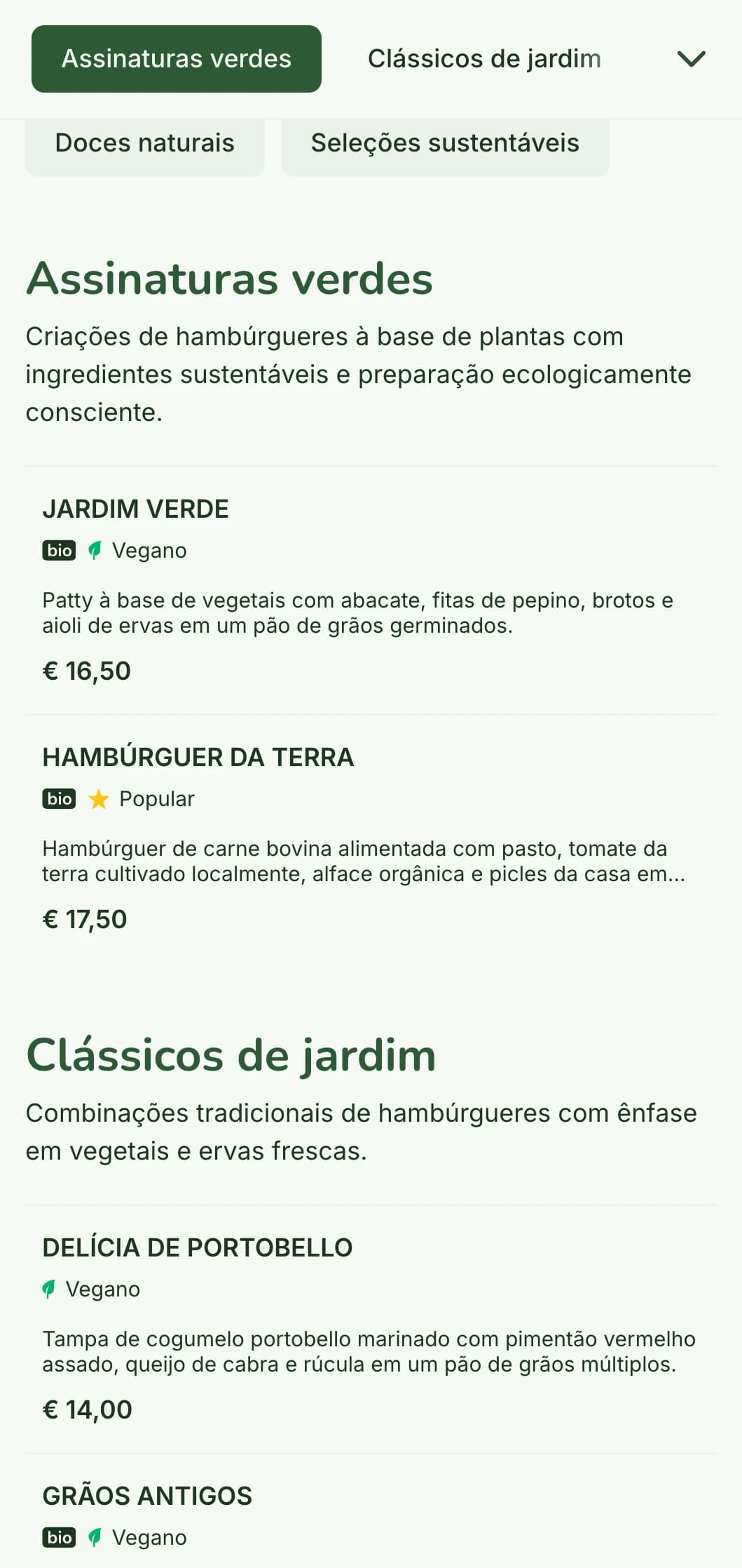 Menu de hambúrguer ecologicamente consciente com foco sustentável, apresentando materiais naturais e opções à base de plantas.