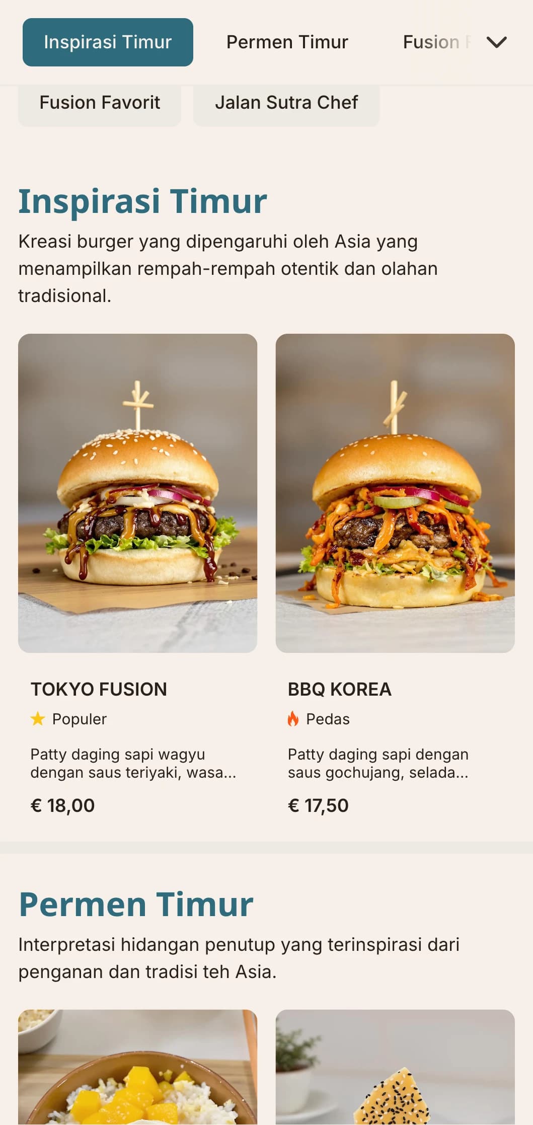 Perpaduan burger Timur dan Barat dengan cita rasa yang terinspirasi dari Asia dan presentasi kontemporer.