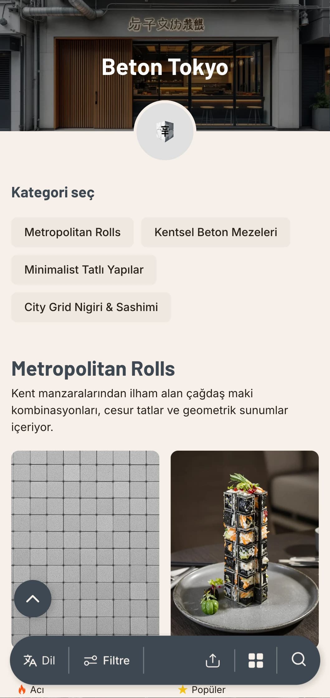 Çağdaş şehir mekanları için beton gri tonları ve minimalist tasarımı ile endüstriyel, kentsel suşi menüsü.