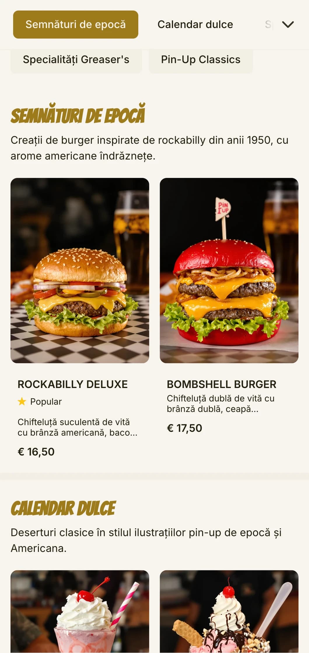 Burger joint inspirat de Rockabilly, cu artă pin-up de epocă și nostalgia anilor 1950.