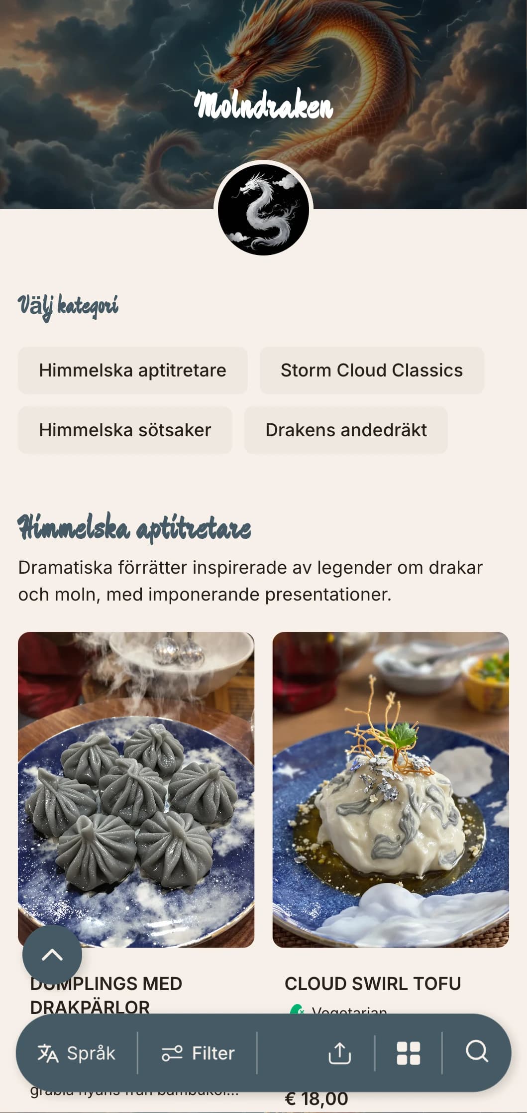 Dramatisk kinesisk menydesign med moln- och drakmotiv, med kraftfulla element för autentisk kejserlig mat.