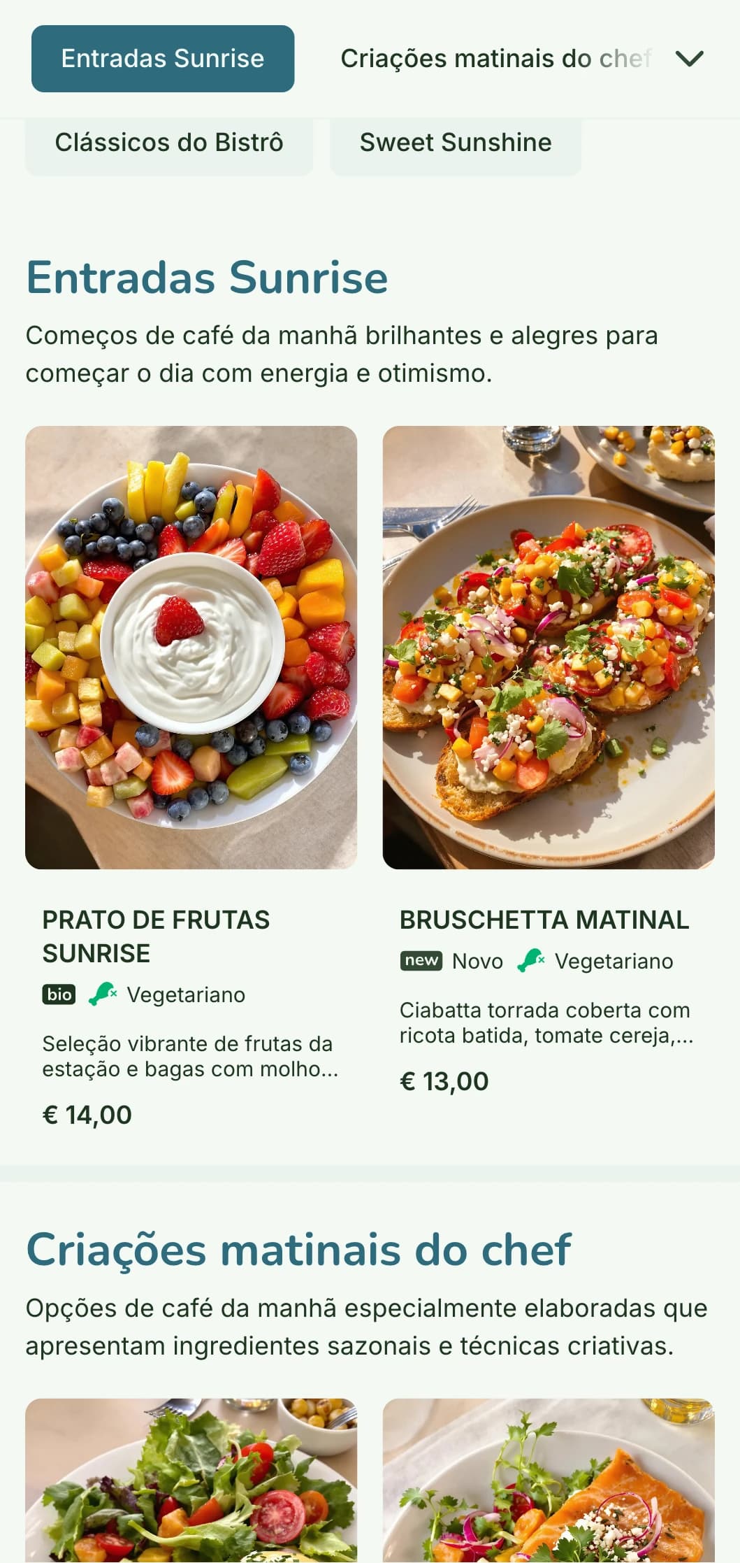 Menu de café da manhã brilhante e alegre, com ingredientes frescos e coloridos em um ambiente de bistrô casual e refinado.