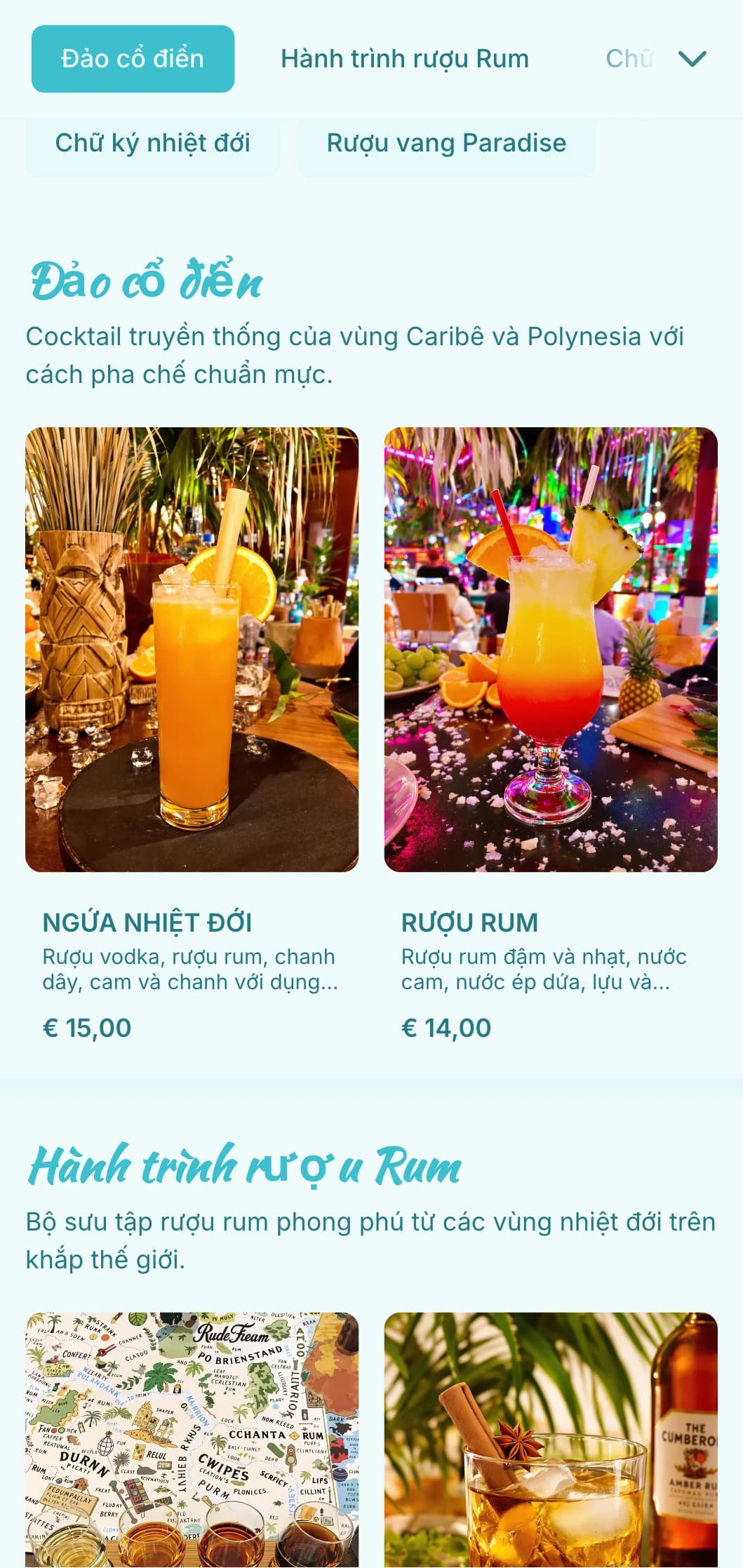 Thiết kế màu ngọc lam tươi sáng với các yếu tố nhiệt đới dành cho quầy bar tiki và rượu rum.