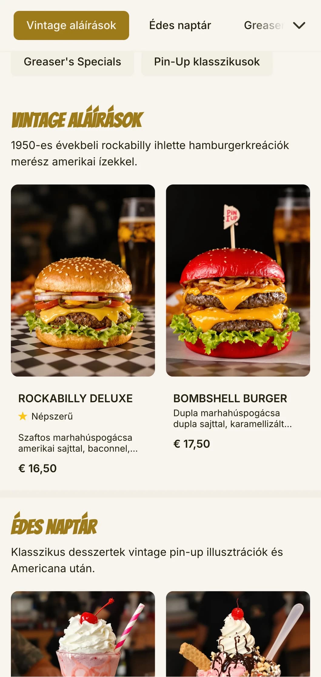Rockabilly ihlette hamburgerező vintage pin-up művészettel és az 1950-es évek nosztalgiájával.