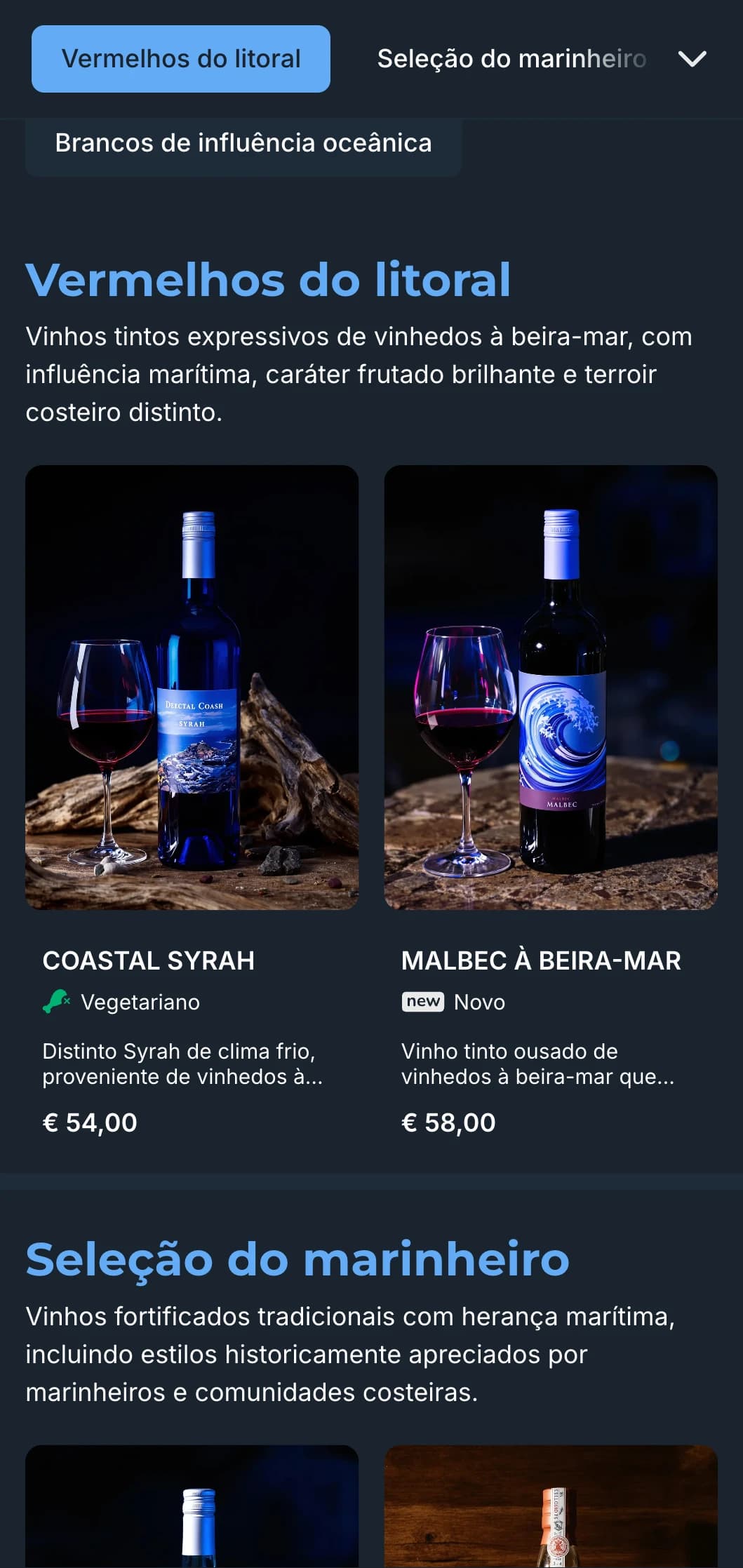Modelo de carta de vinhos escura de inspiração mediterrânea com detalhes em azul vibrante, perfeita para restaurantes litorâneos noturnos e experiências de vinhos à beira-mar.