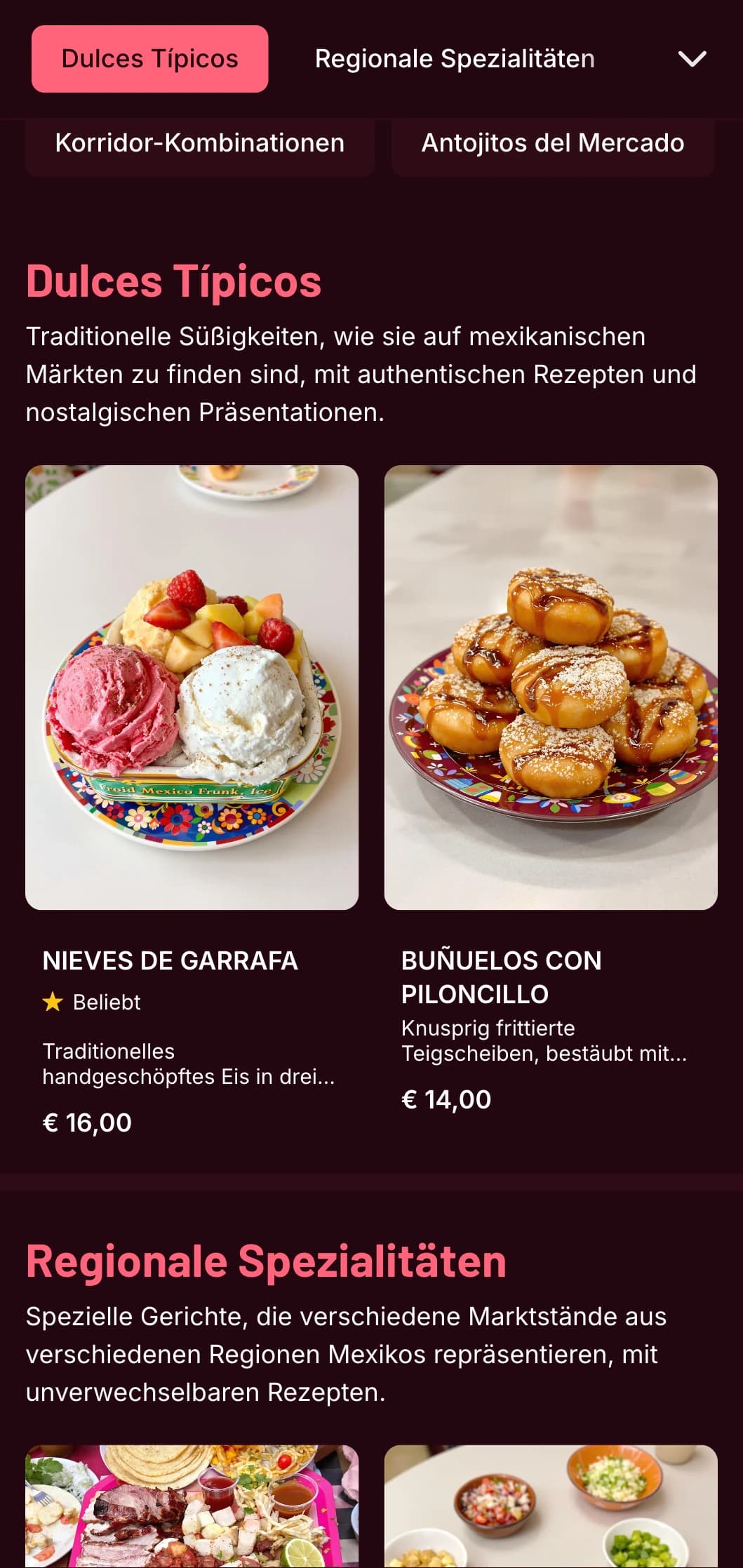 Eine farbenfrohe und authentische mexikanische Speisekarte mit leuchtend rosa Akzenten, frischen Zutaten und traditionellen Antojitos und Straßengerichten.