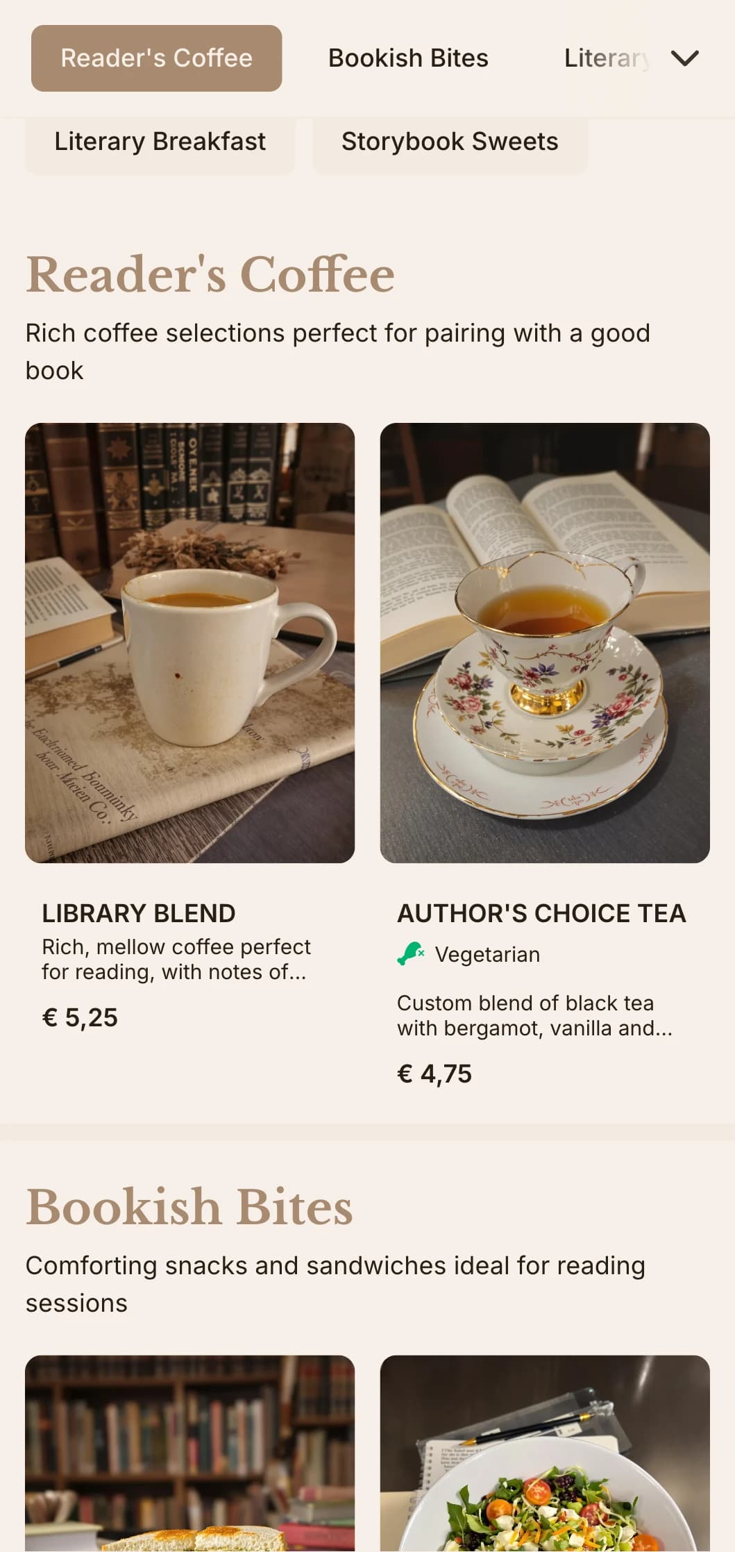 Warm brown design with literary elements for bookstore cafes and reading spaces.