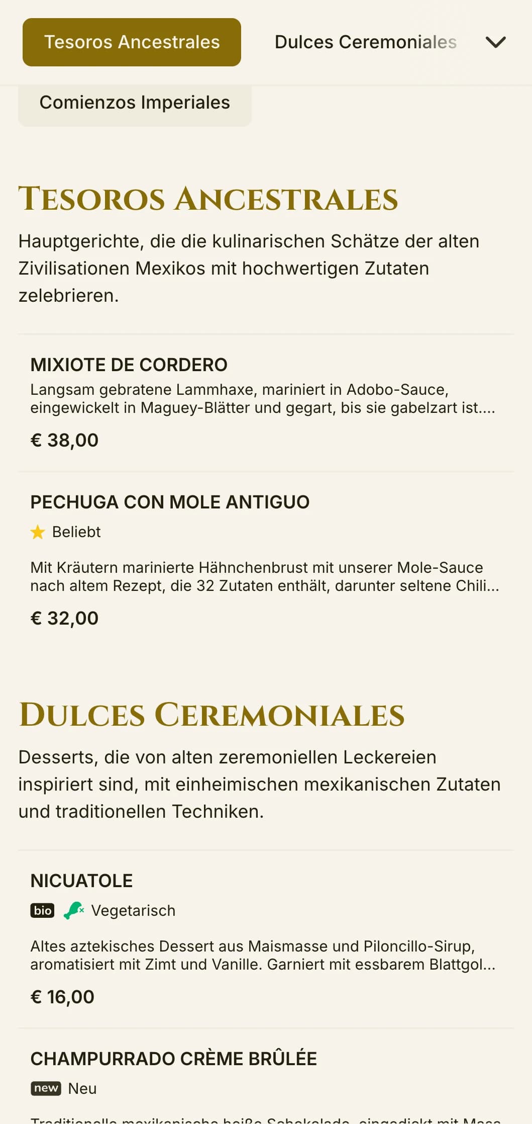 Elegante Speisekarte, inspiriert von der alten aztekischen Kultur, mit luxuriösen Goldakzenten, historischer Symbolik und hochwertigen traditionellen Gerichten auf elfenbeinfarbenem Pergament.
