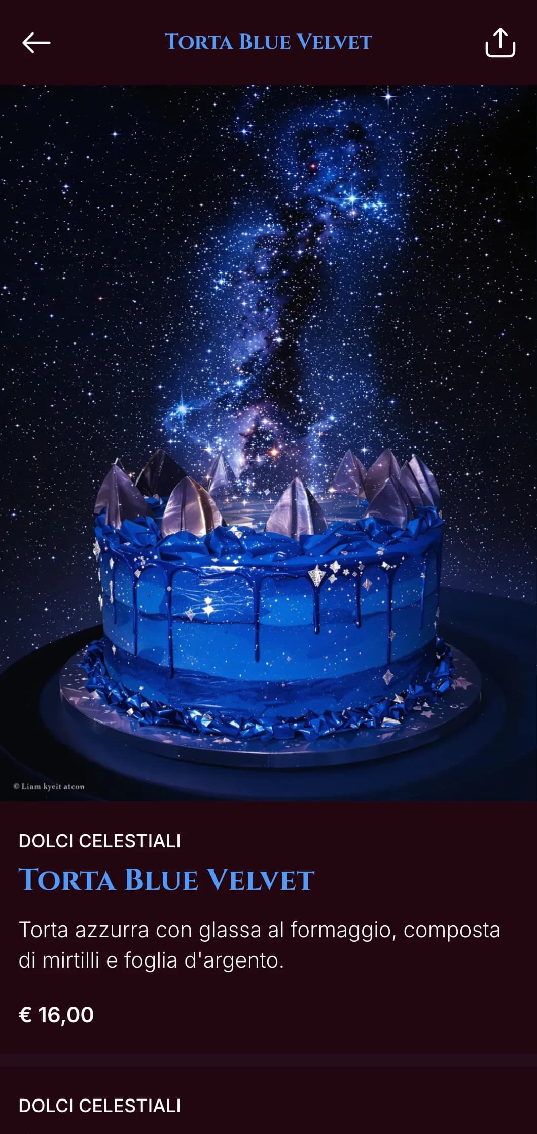 Un menu per la cena di colore blu notte con accenti dorati, pensato per i locali serali dall'atmosfera lussuosa.