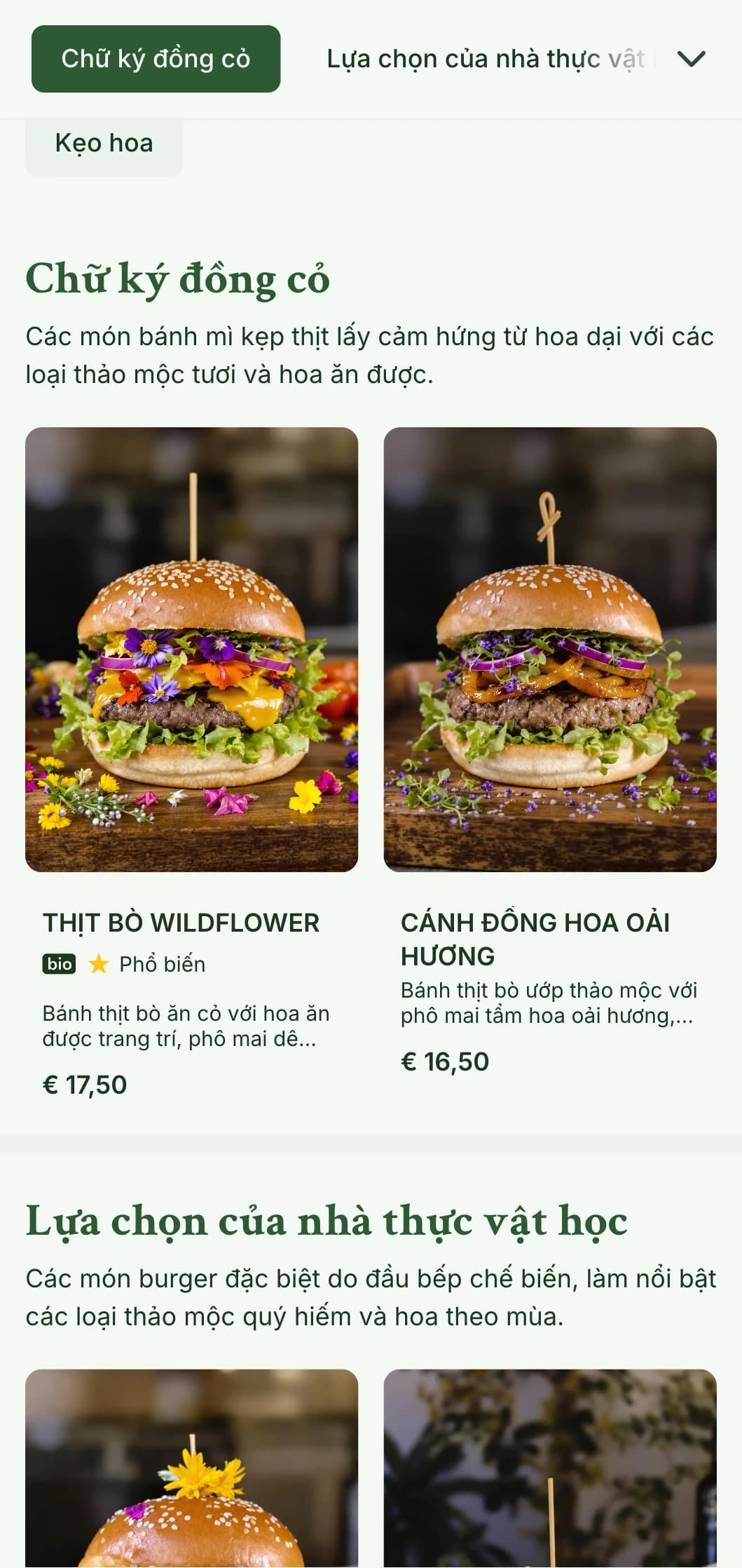 Ý tưởng về bánh mì kẹp thịt lấy cảm hứng từ hoa dại và đồng cỏ với tính thẩm mỹ tự nhiên, thoáng mát.