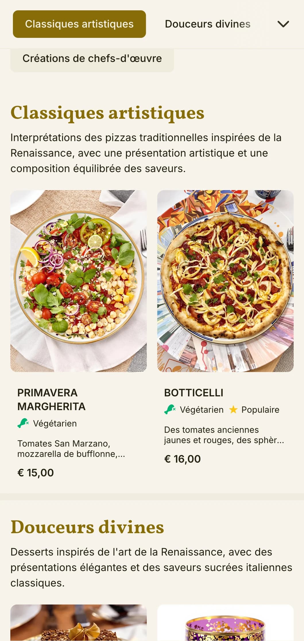 Carte de pizzas artistique inspirée de la Renaissance italienne avec de riches éléments visuels.