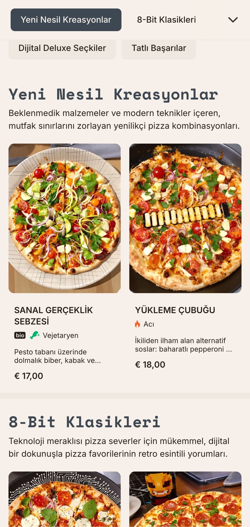 Yenilikçi pizza konseptleri için dijital estetiğe sahip, teknolojiden ilham alan modern pizza menüsü.