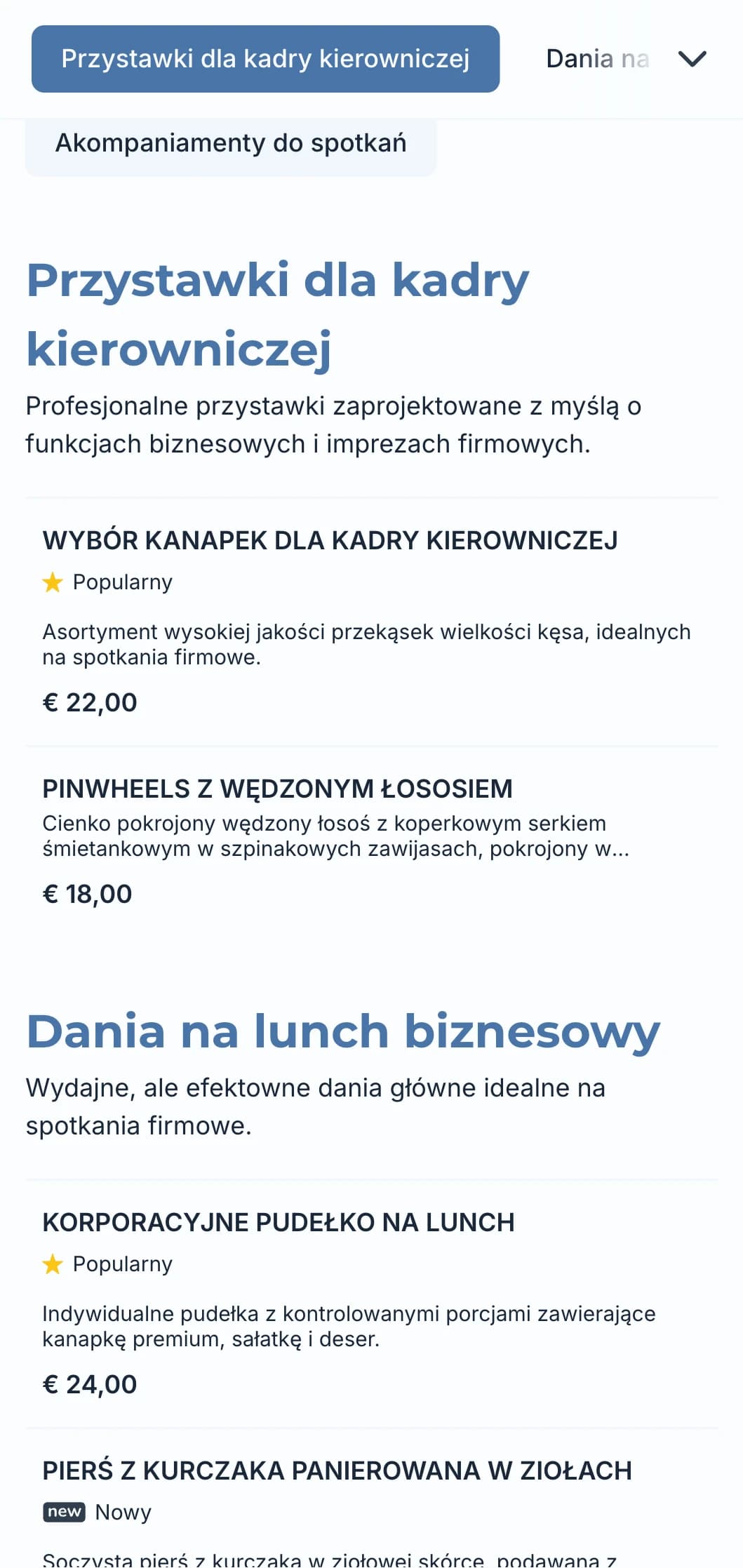 Profesjonalny catering przeznaczony na spotkania biznesowe i imprezy firmowe, koncentrujący się na sprawnej obsłudze i wysokiej jakości prezentacji.